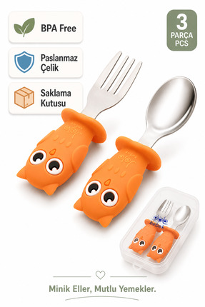 jojobebek Turuncu Baykuş Figürlü Premium Çocuk BPA Free Silikon Sap Paslanmaz...
