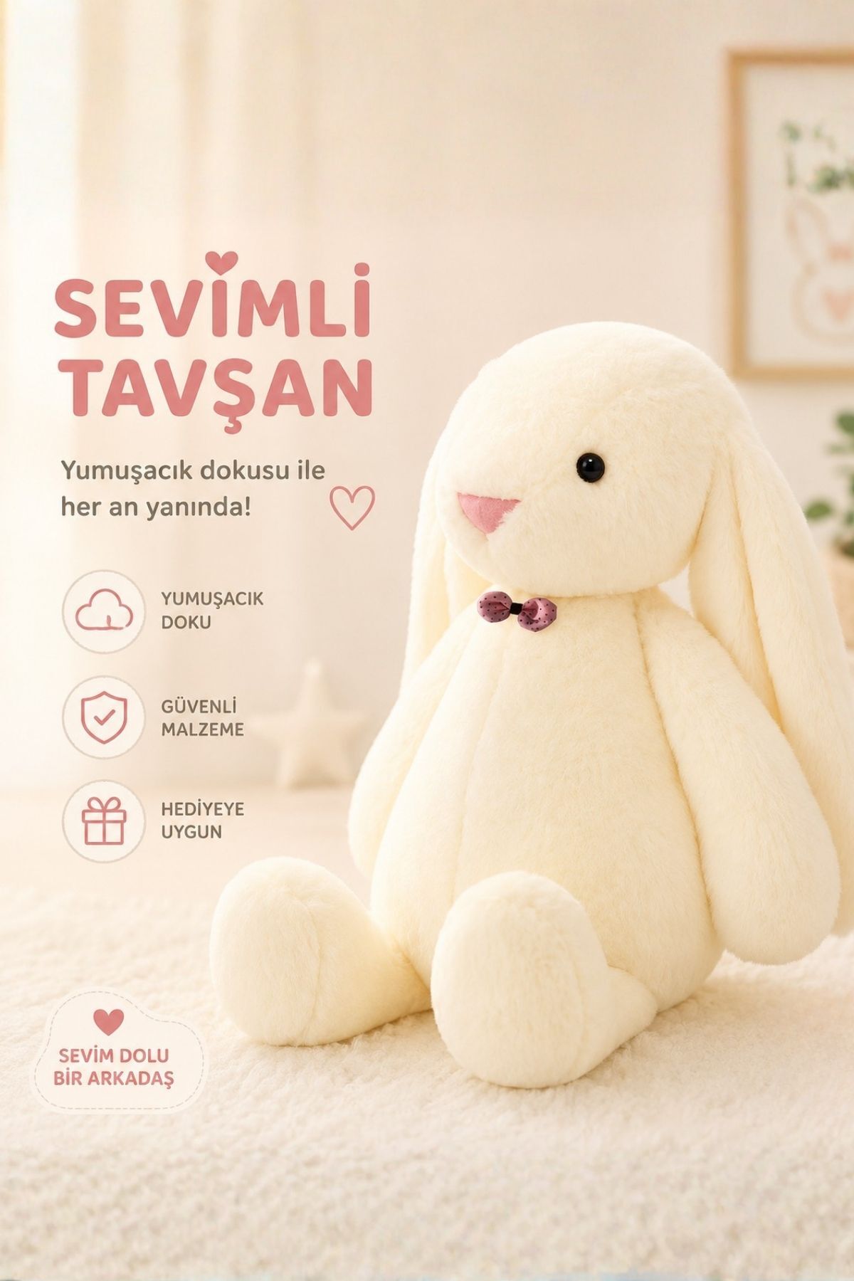 My Sleeping Friend Long Ear Bunny Plush Rabbit with Bow Tie 65 cm