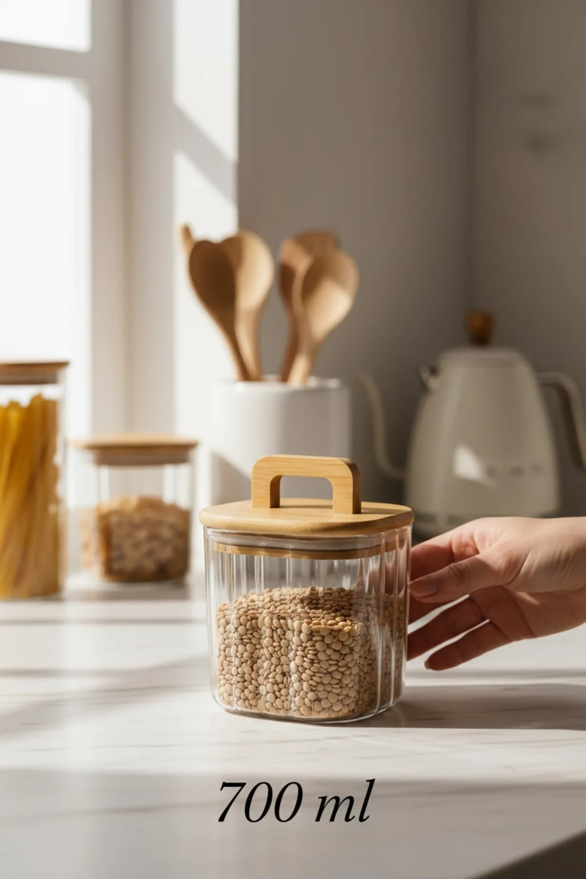 Bambu Kapaklı 700 ml Line (Çizgili) Cam Saklama Kavanozu