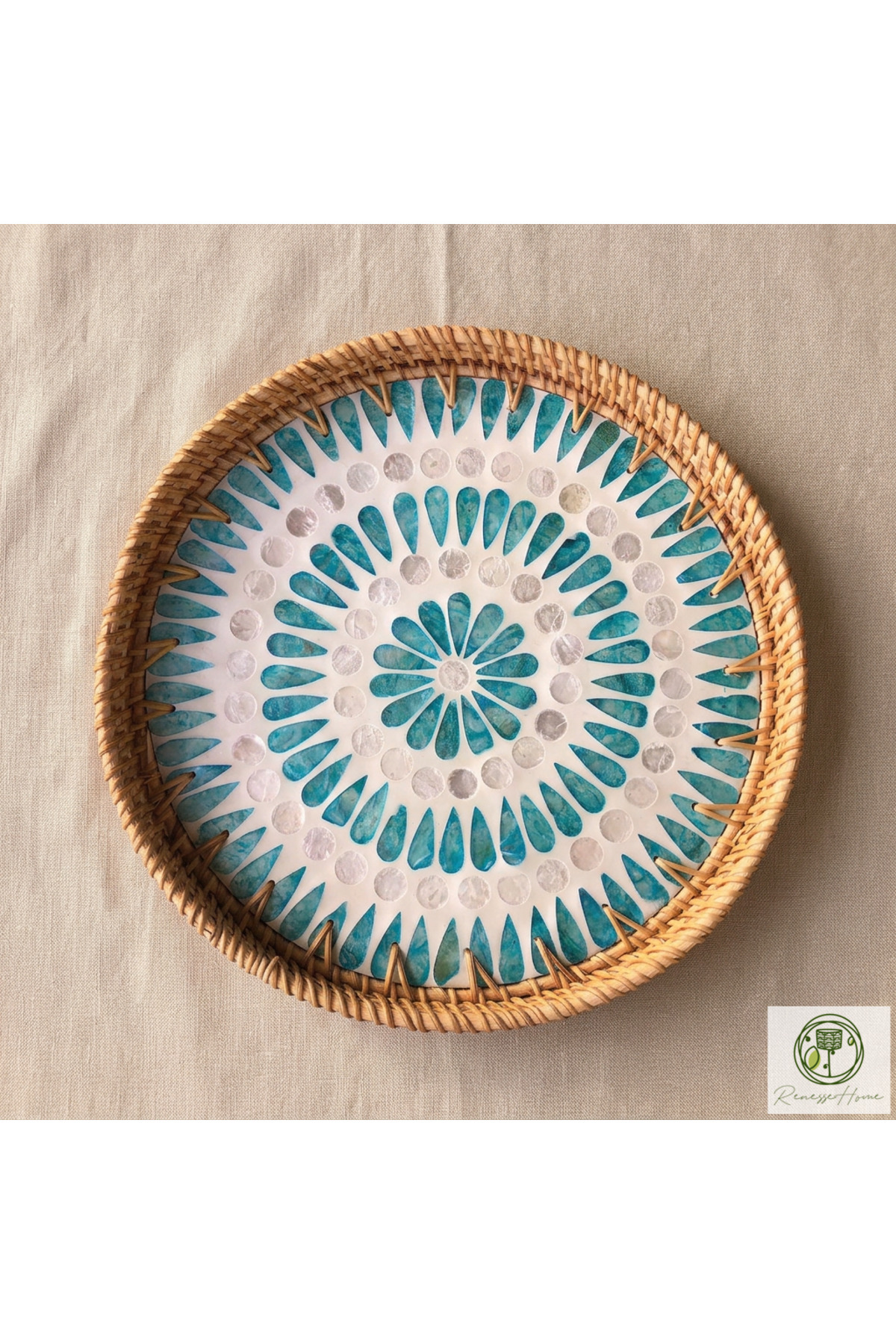 Alya Handmade Rattan Tray 30 cm – Natural Wicker Serving Tray, Bohemian Decorative Serving Tray