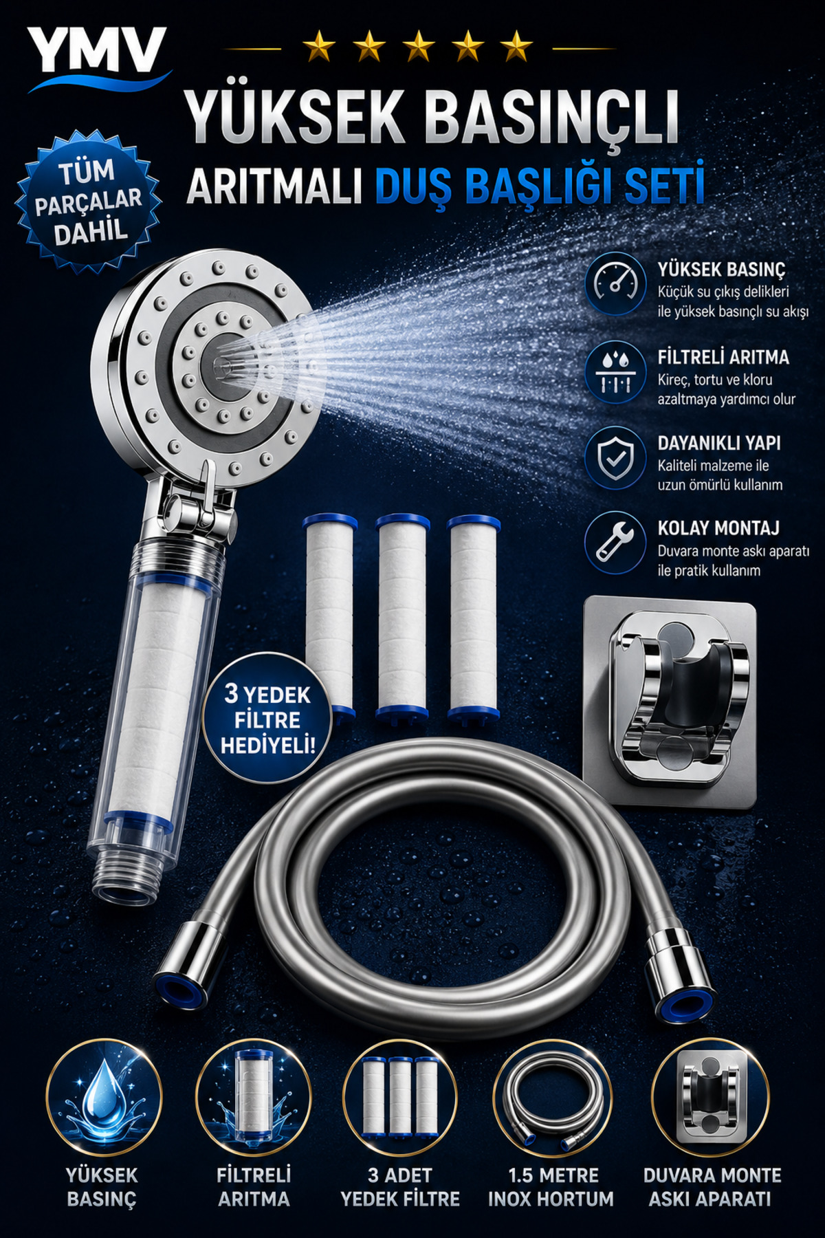Shower Head Set with Filter | 150 CM Unbreakable PVC Hose + Adjustable Shower Hanger 3-Piece Bathroom Set