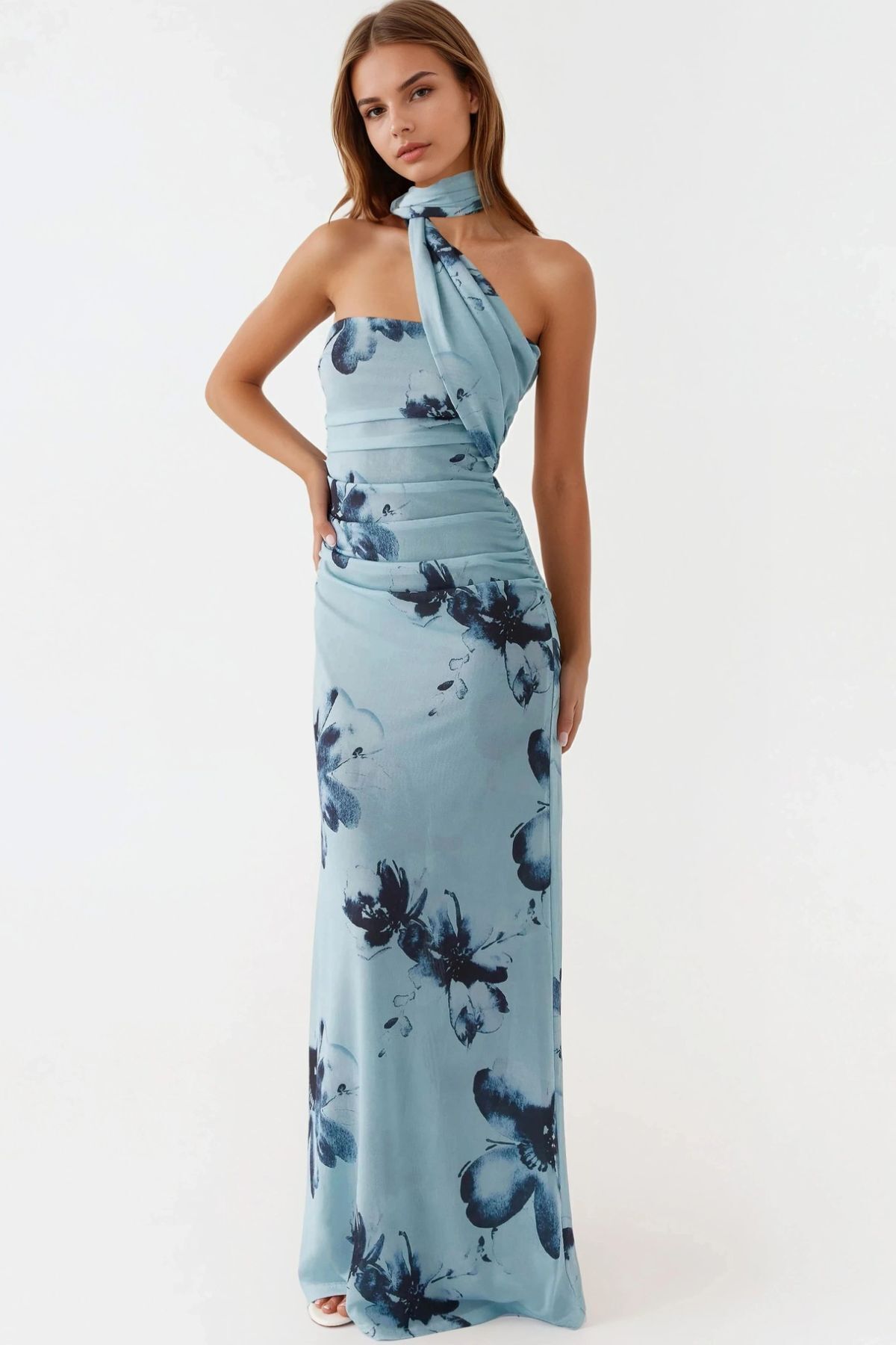 Hiccup Straplez Desenli Bodycon Maxi Tül Elbise görsel 8