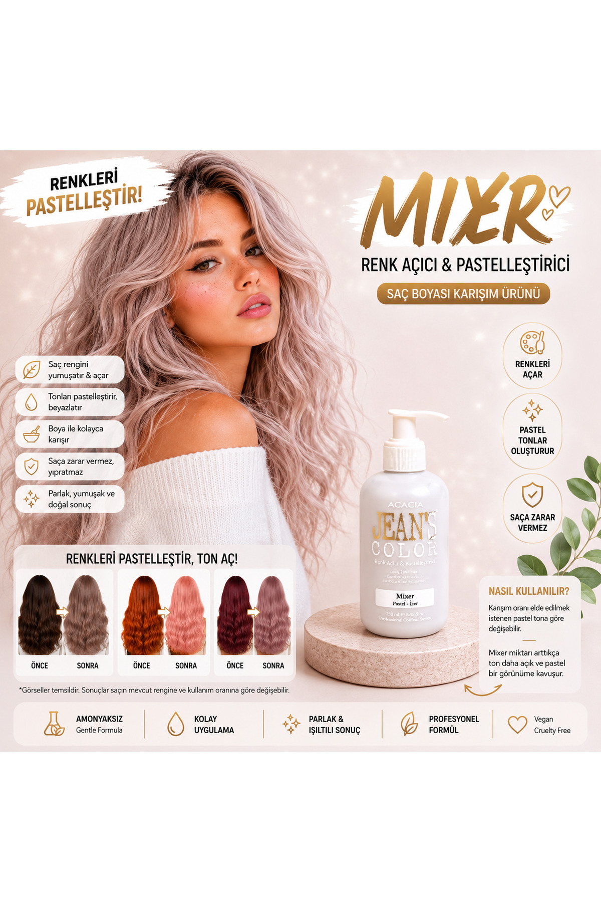 Acacia Pastel Izer 250 Ml. Mıxer Amonyaksız Balyaj Renkli Saç Boyası — سفید 11111