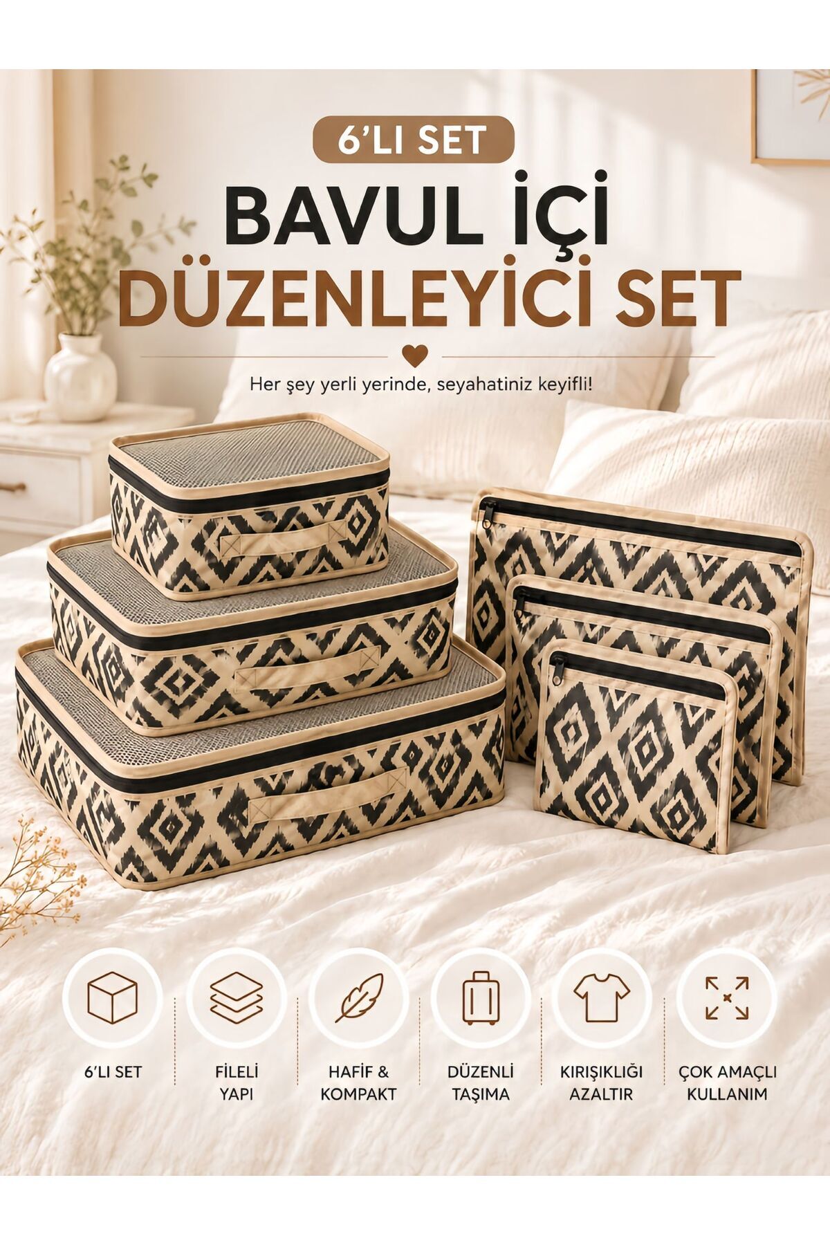 MorPort Premium 6'lı Bej Valiz Düzenleyici I Bavul Içi Organizer