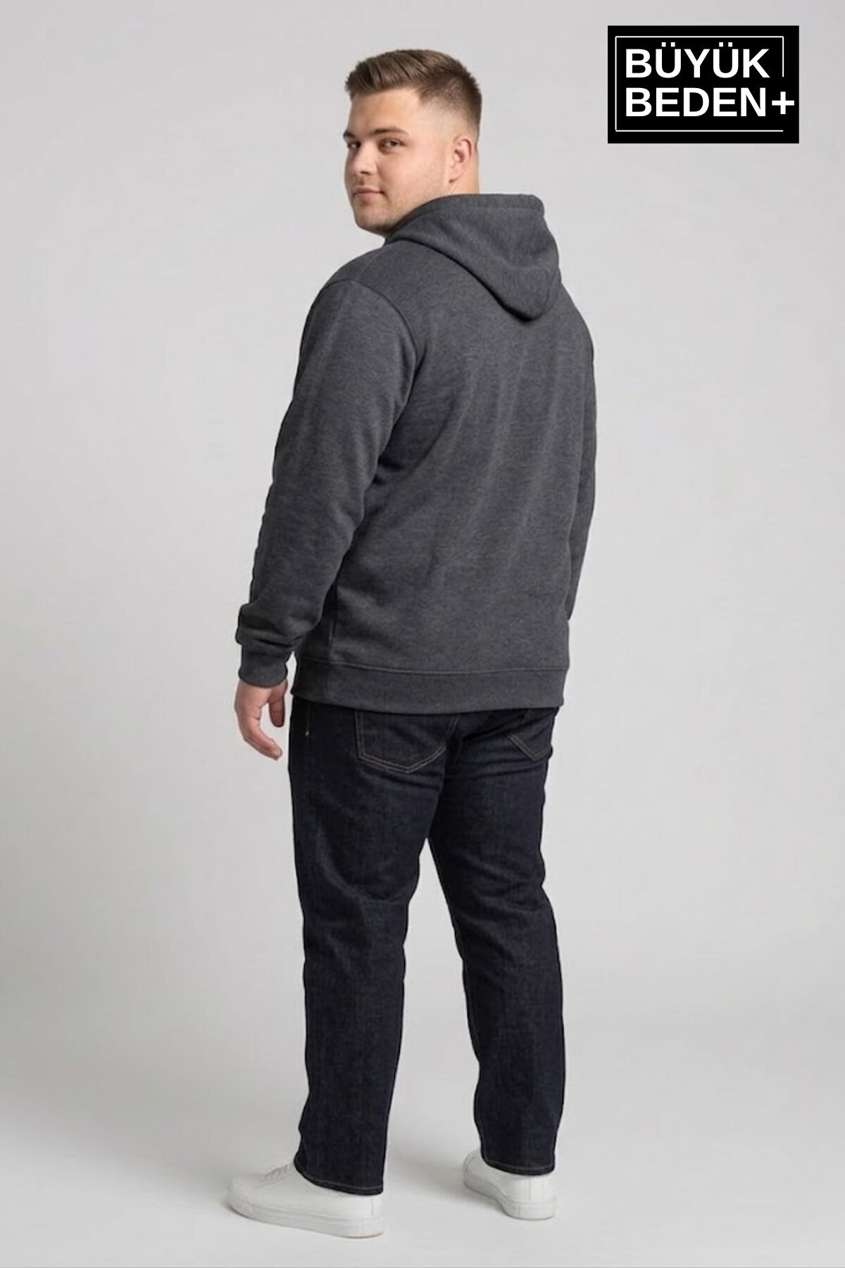 Erkek Büyük Beden Fermuarlı Kapüşonlu ince Sweatshirt Hırka - Rahat Kalıp SPR26BHR960 — مشکی — تصویر 4 از 5