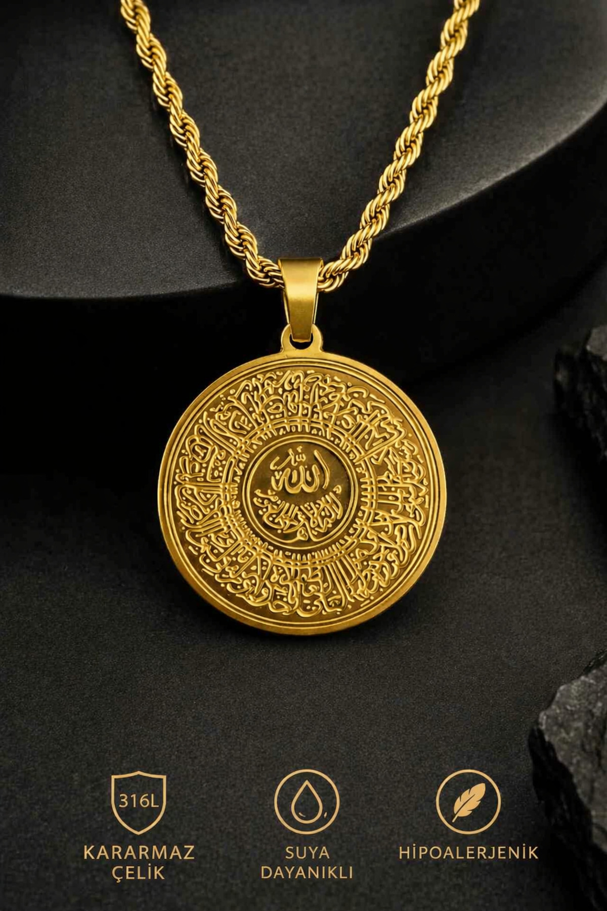 Verse Globe Necklace Stainless Steel Gold Color- Twist Rope Chain Protective Prayer Necklace (No Darkening)