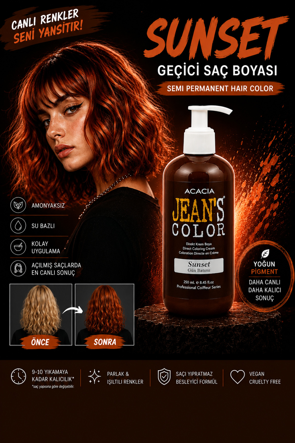 jeans color Amonyaksız Renkli Saç Boyası Gün Batımı 250ml. Sun Set Hair Dye — قرمز 22222