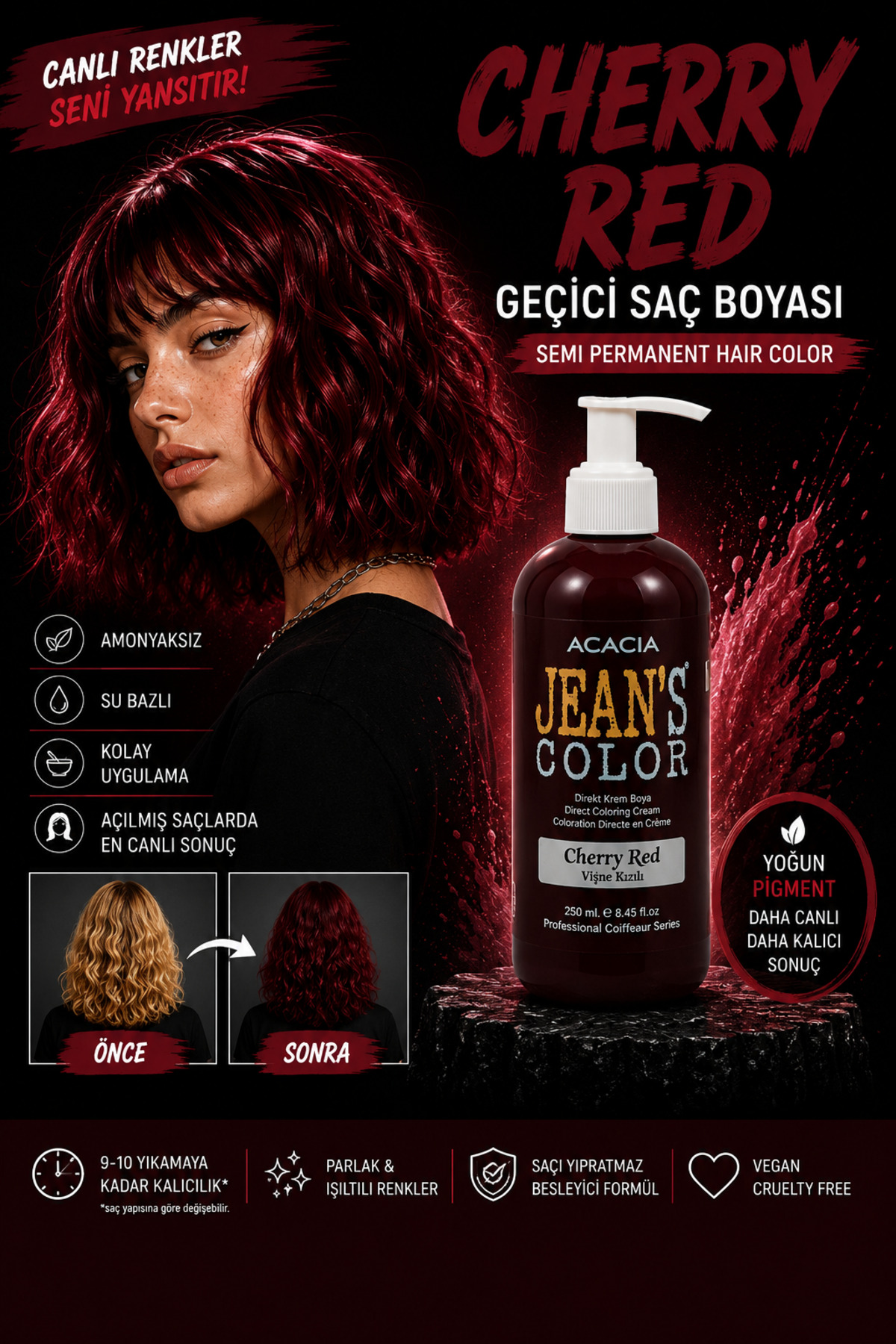 jeans color Vişne Kızılı 250ml. Cherry Red Amonyaksız Balyaj Renkli Saç Boyası — زرشکی 22222