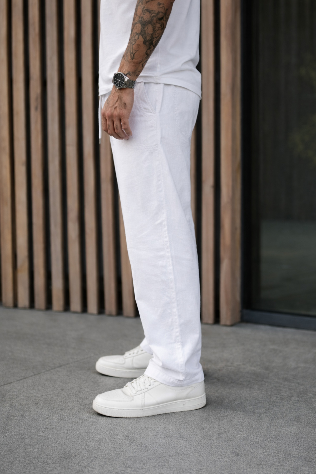 DAMGA JEANS Erkek Premium Jogger Relax Fit Beyaz Keten Pantolon görsel 4