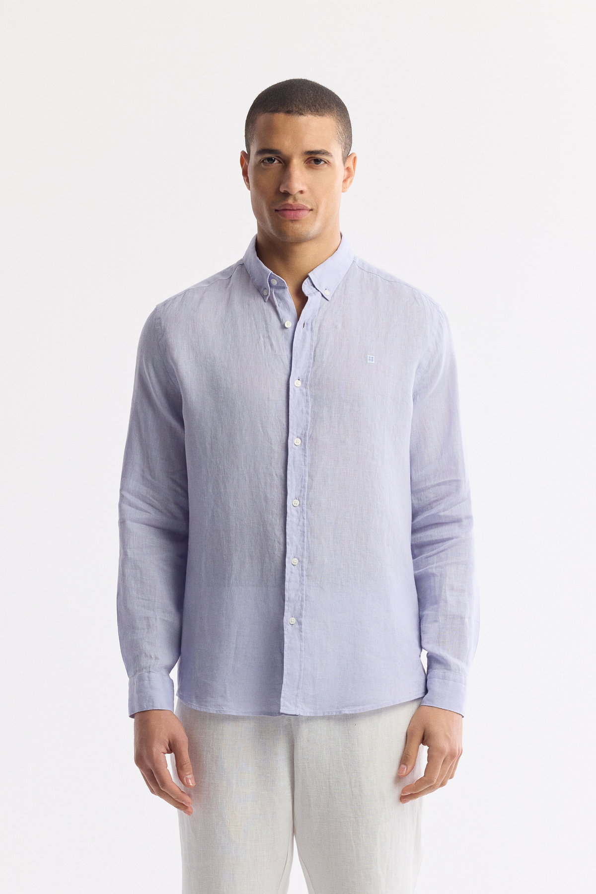 Men's Lilac Buttoned Neck 100% Linen Comfort Fit Shirt B002191
