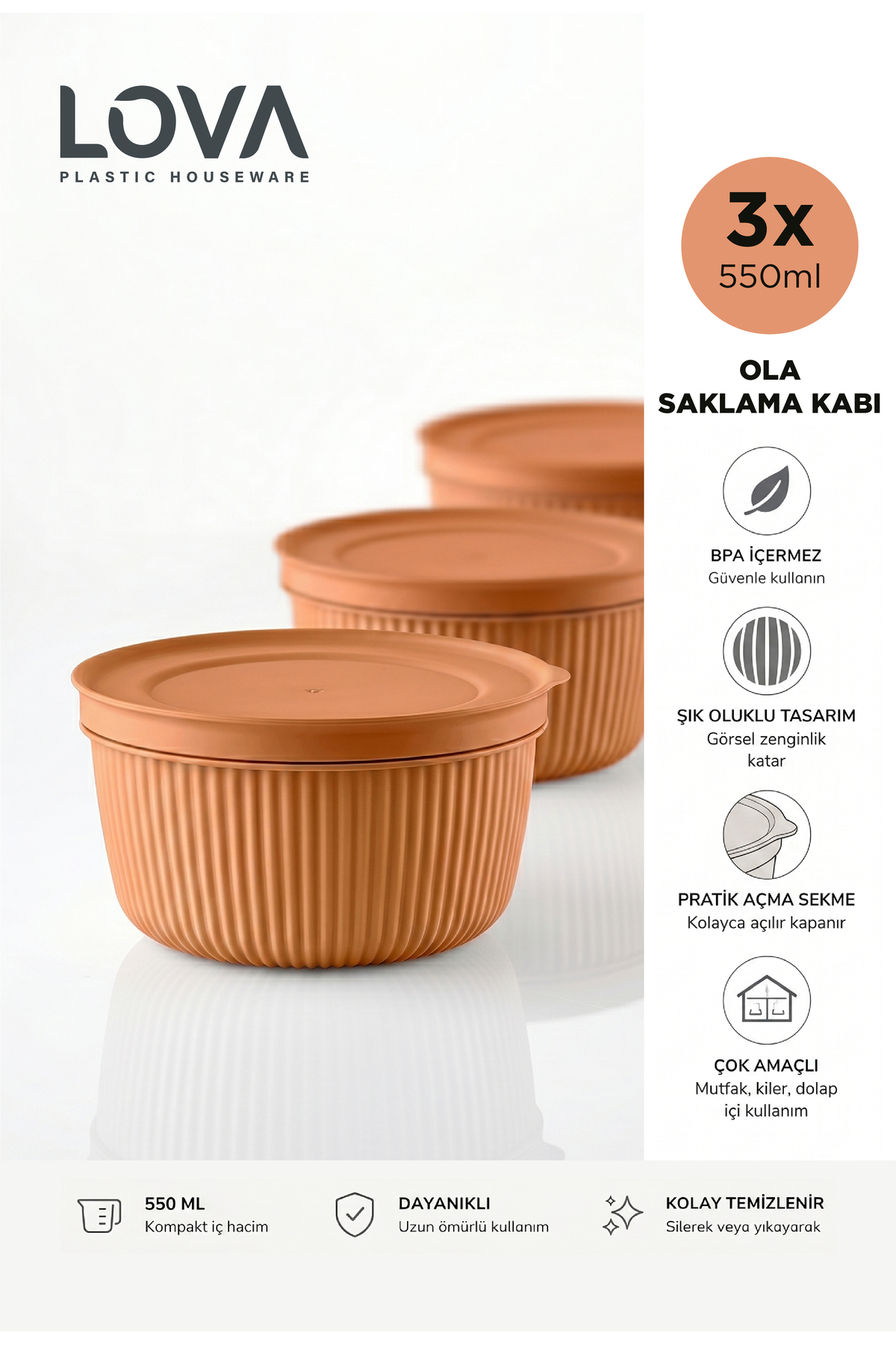 Lid Storage Container Set of 3 550 ml Plastic Refrigerator Food and Food Storage Container