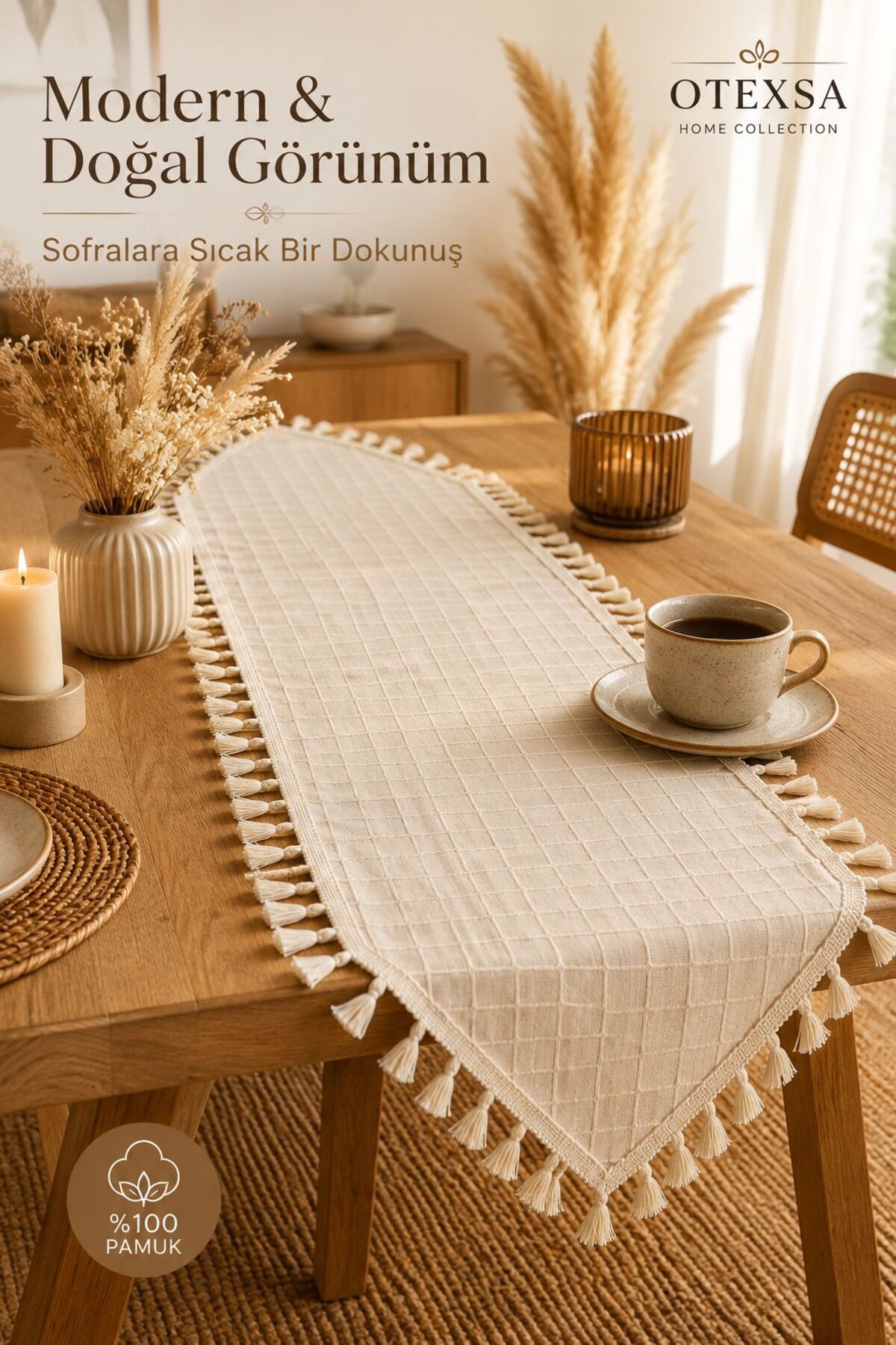Fringed Bohemian Triangle Runner Square Textured Decorative Tablecloth Ecru