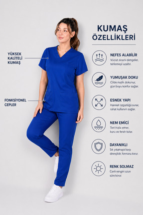 STİLMED Üniforma Saks Mavi Hemşire ve Doktor Forması Scrubs Takımı Likralı Al...