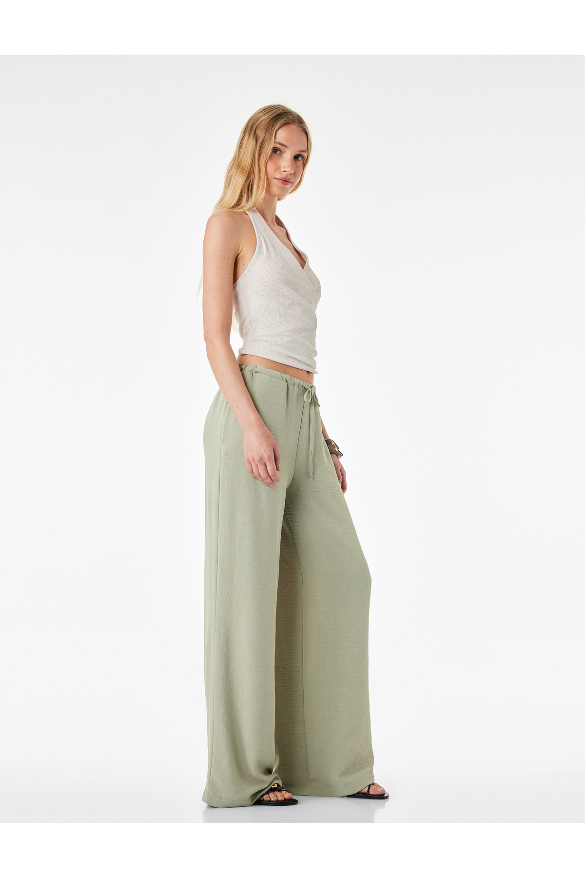 Koton Linen Look Straight Wide-Leg Trousers with Tie-Waist and Pockets