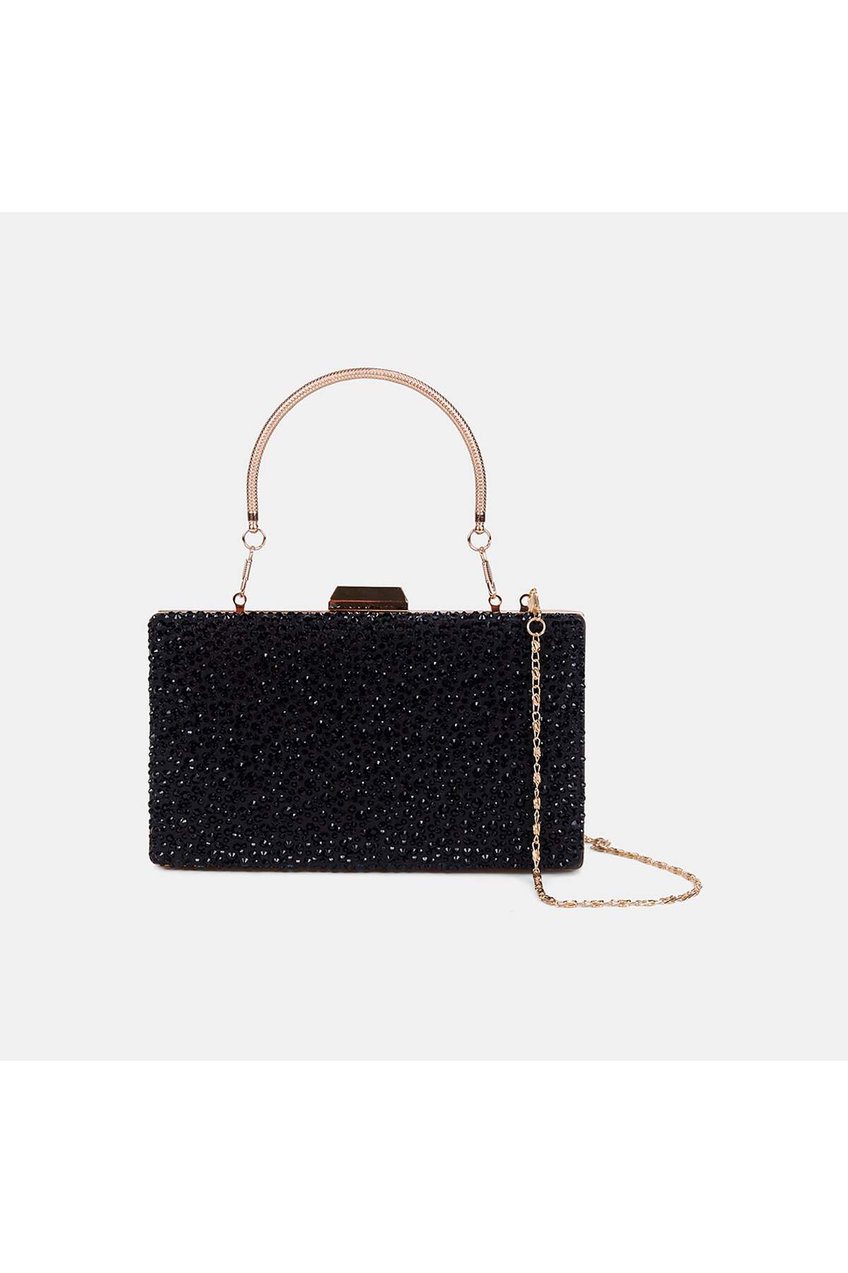 Women's Black Stone Embroidered Chain Strap Evening Dress Clutch
