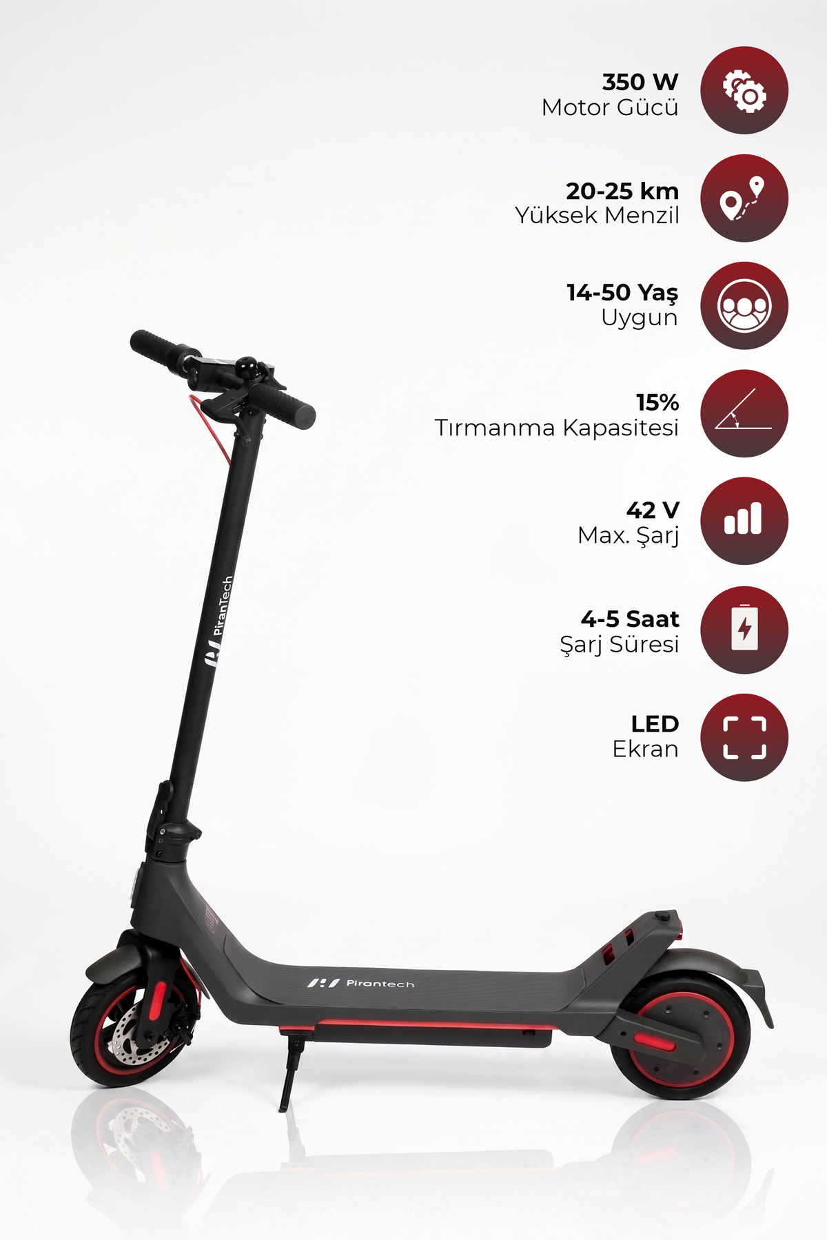 PiranTech A1 Elektrikli Scooter 350W Güç - Kırmızı