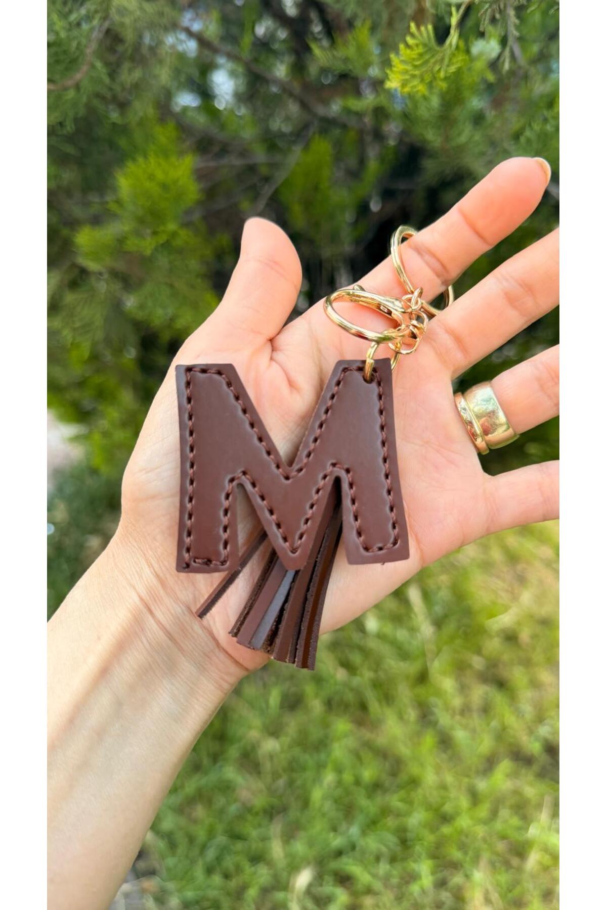Brown Vegan Leather Letter M Keychain– Handmade, Personalized Charm & Bag Ornament | Workshop Zümra