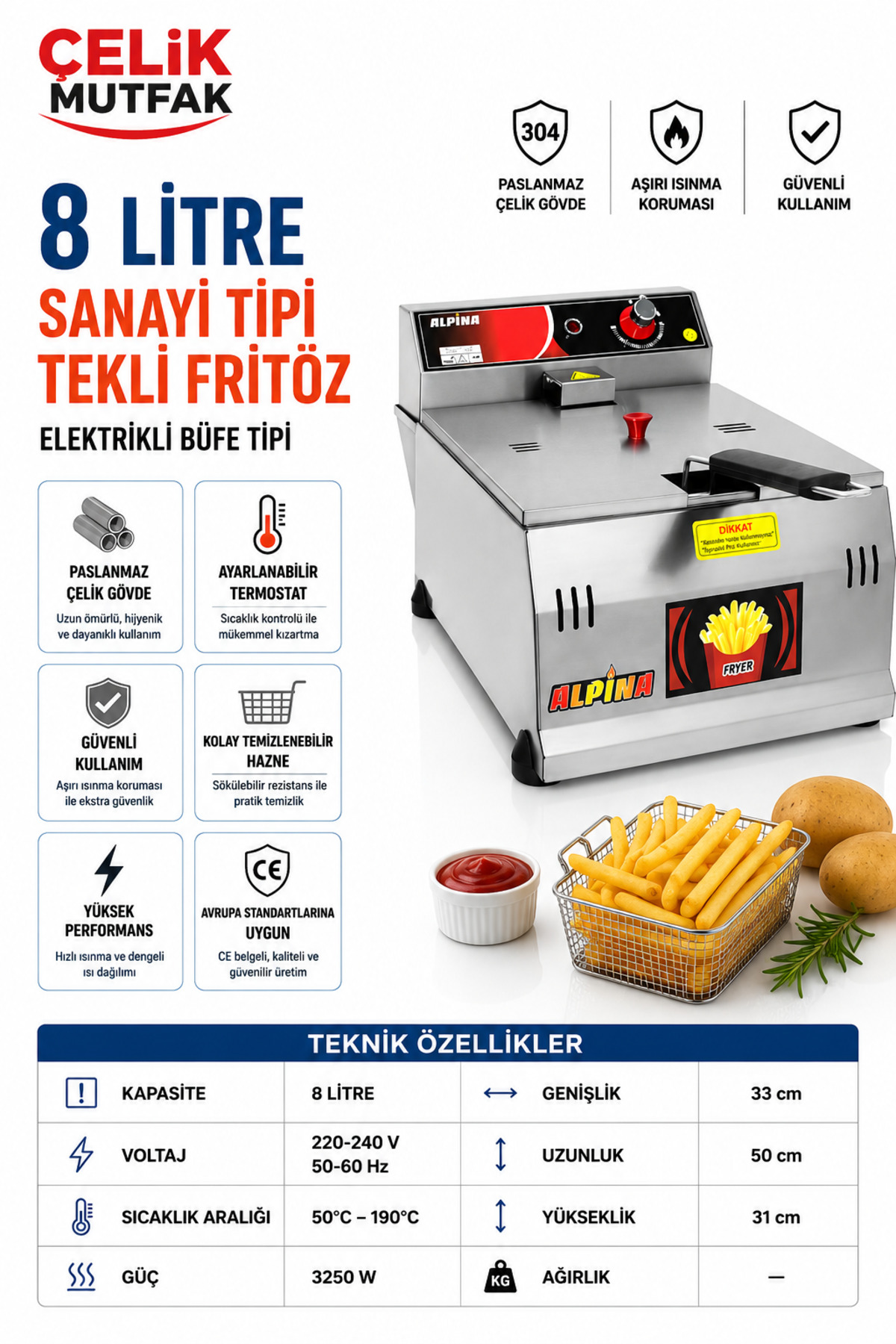 ALPİNA MUTFAK Alpina 8 Litre Profesyonel Fritöz 220V Paslanmaz Çelik Sanayi Tipi ÇELİK MUTFAK Airfryer
