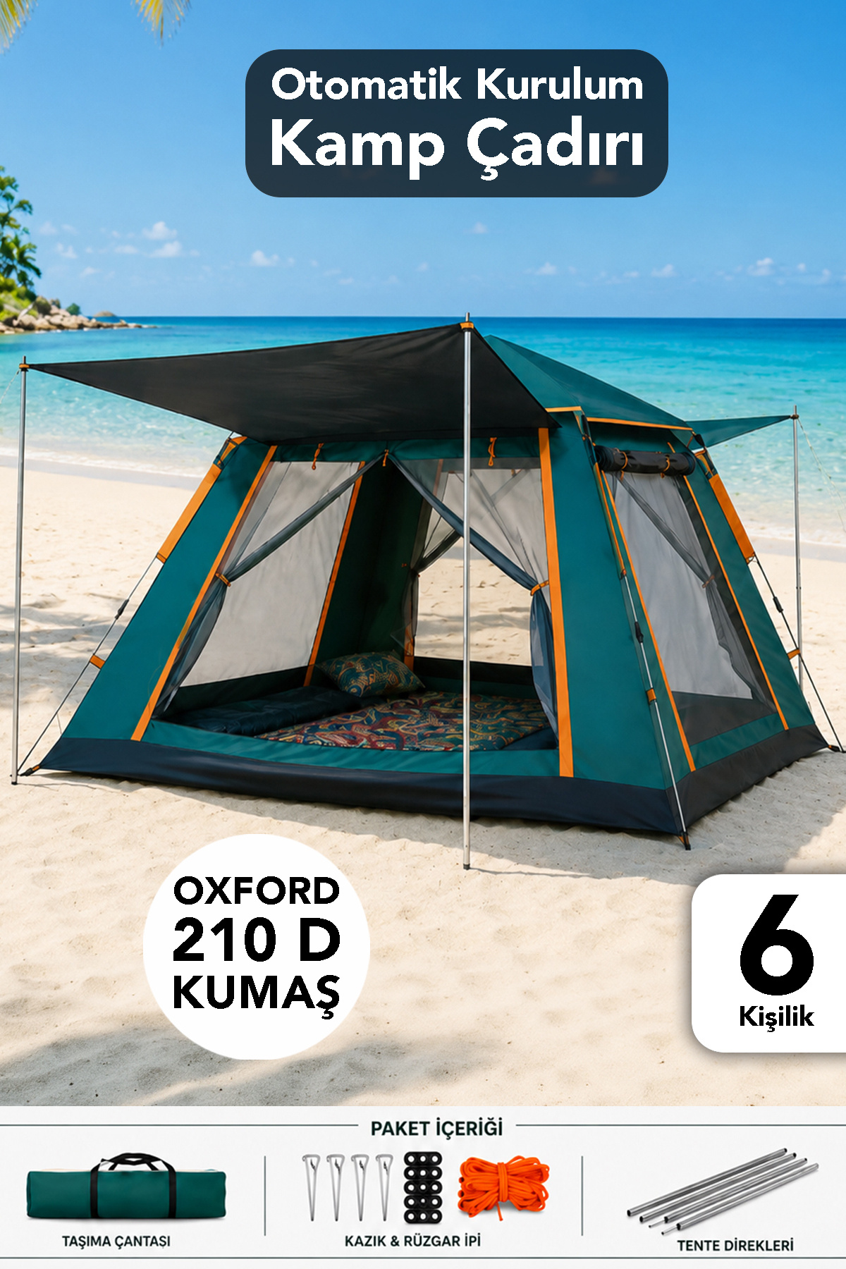 Automatic Installation Camping Tent for 6 Persons - Durable Outdoor Tent with Waterproof Awning 240x240x160cm