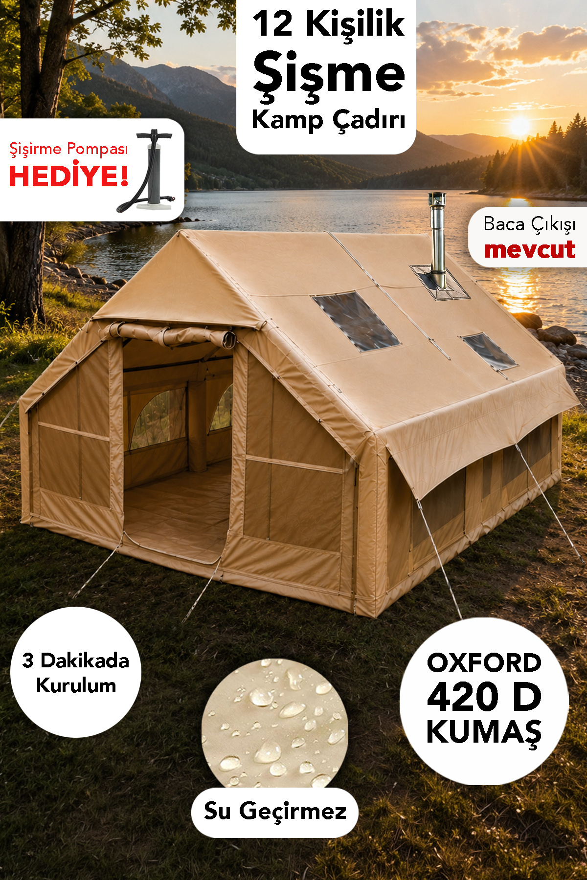 Fischer 12 Kişilik Şişme Çadır - Kolay Kurulum Kamp Plaj Su Geçirmez Outdoor Çadır Şişirme Pompası Hediye