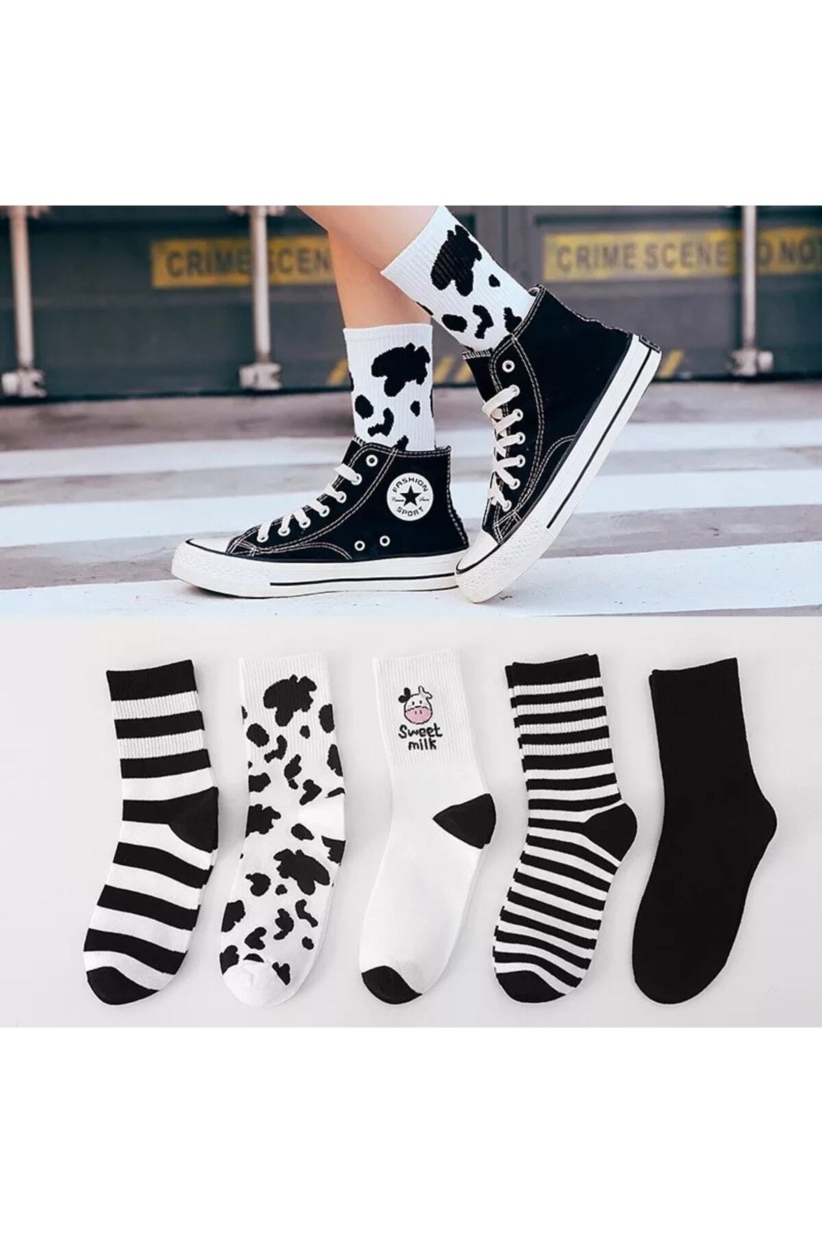 WORTHY SOCKS 5'li Kadın Siyah-beyaz Inek Desenli Çizgili Pamuklu Tenis Kolej Çorap görsel 2