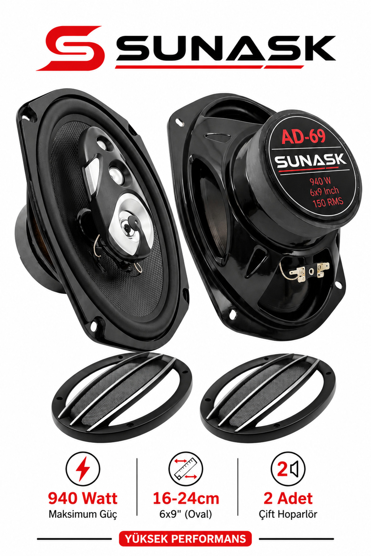Sunask Sn-6369 1000 Watt Oto Hoparlör Oval 6x9 Araba Hoparlör