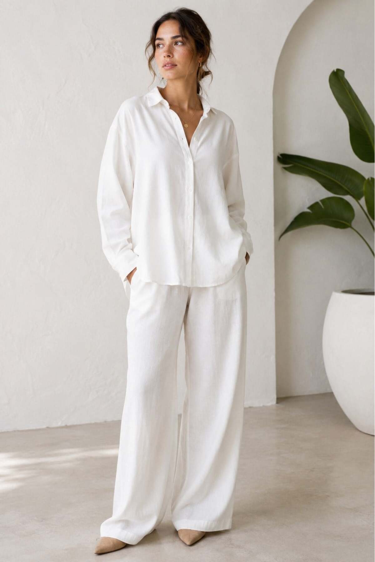 White Basic Women's Shirt Pants 2 Piece Set Mg2352
