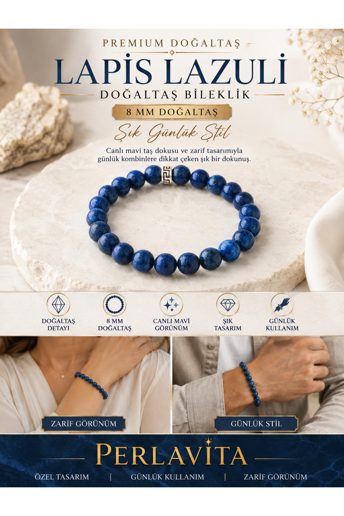 Perlavita Bileklik Doğaltaş Sıkma Lapis Lazuli 8 mm - İletişim Odaklanma ve Bilgelik