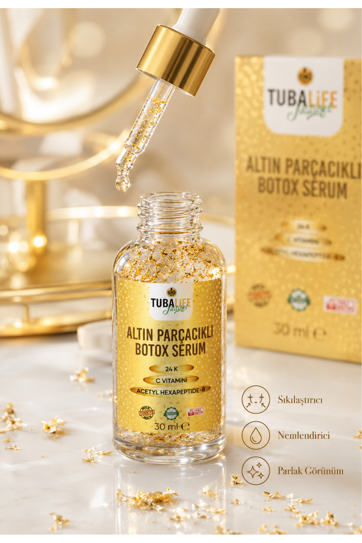 24k Altın Parçacıklı Kırışıklık Karşıtı Botoks Etkili Cilt Bakım Serumu - Yaşlanma Karşıtı - 30 ml — TB 060-003 — تصویر 3 از 8