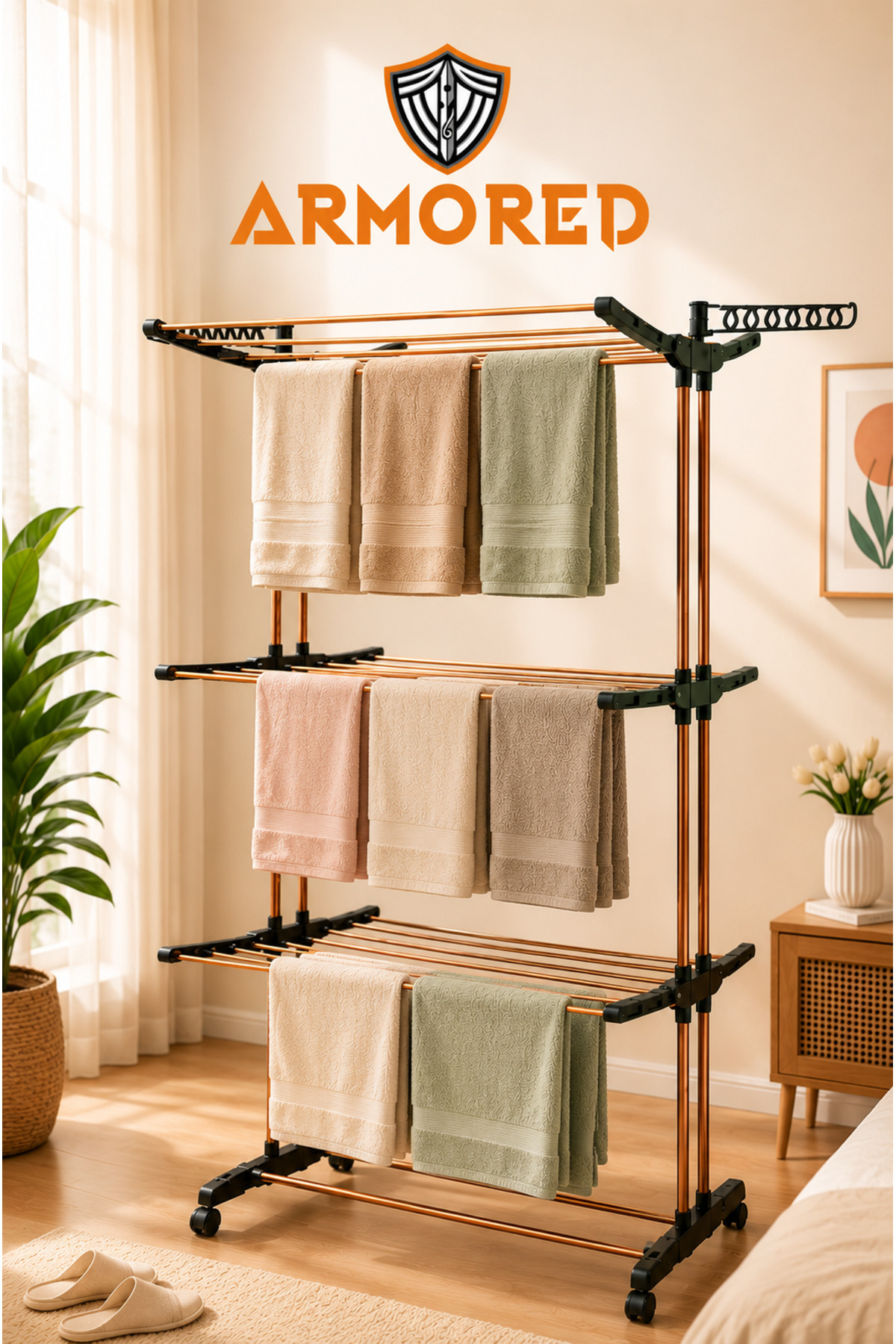 Trio Large Armoured EXTRA THICK TUBE Rugged 18 Mt Tumble Drying Hanger WITH Wheels AR-411