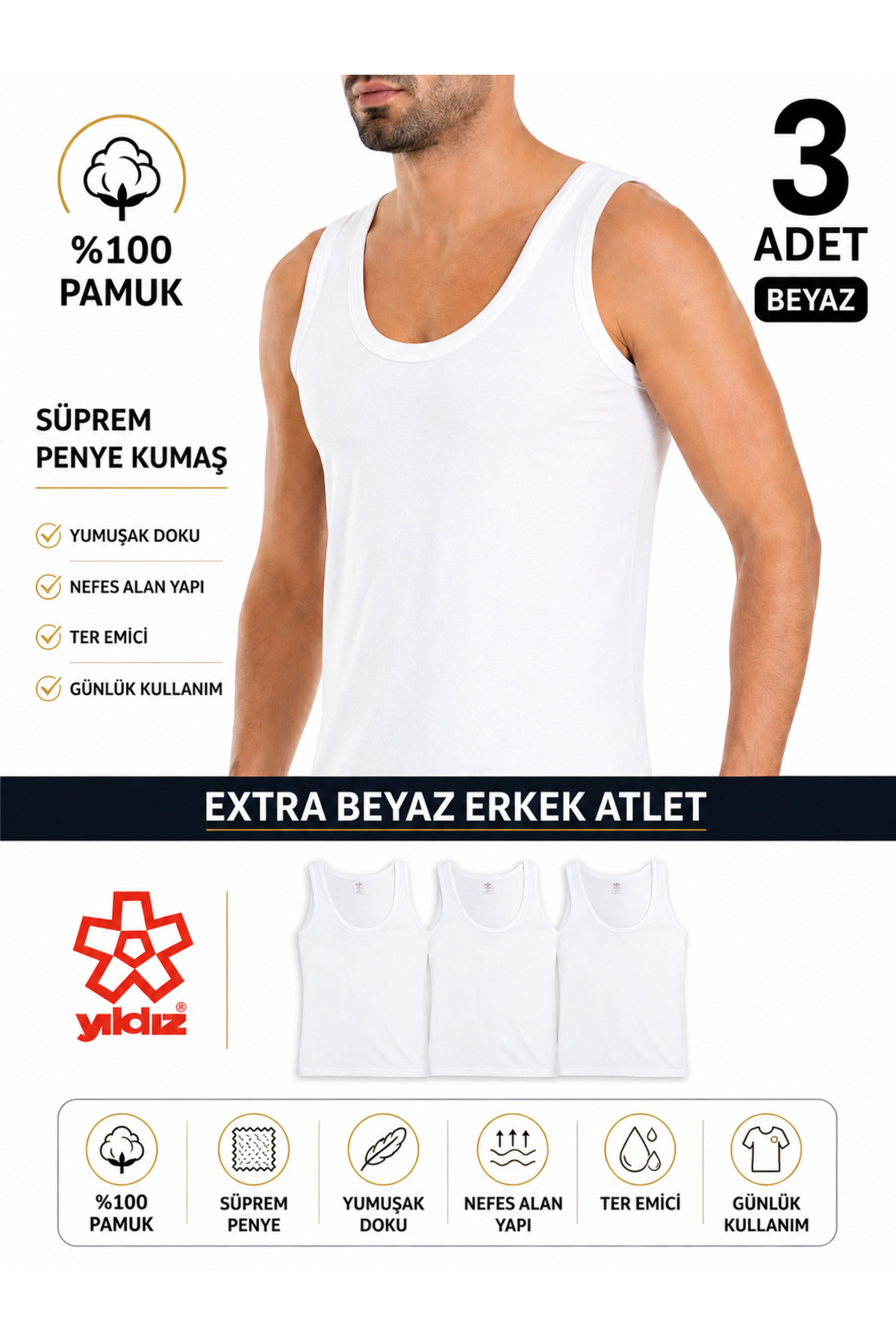 STAR 3-Pack 100% Cotton Combed Cotton Single Jersey Men's Singlet Q00