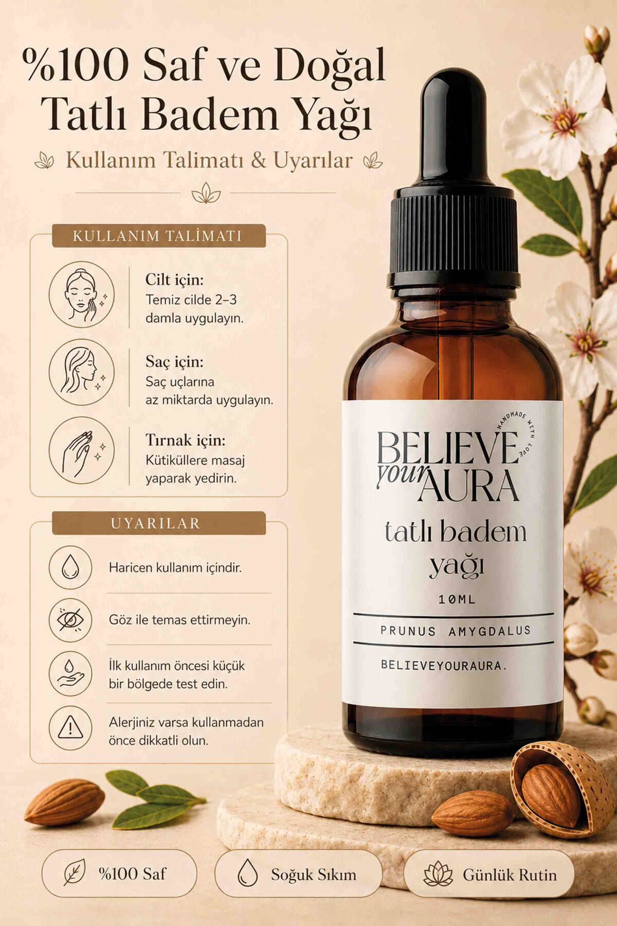 Tatlı Badem Yağı - %100 Saf ve Doğal Cilt Ve Saç Bakım Yağı - Sweet Almond Oil - 10 ml — ATYTBD — تصویر 3 از 4