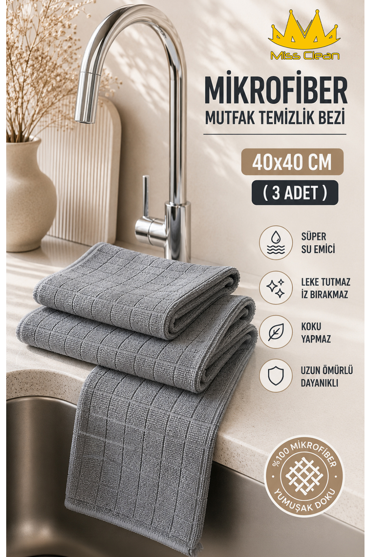 Miss Clean ( 3 Adet ) Mikrofiber Mutfak Temizlik Bezi 40*40 Cm Leke Tutmaz Ko...