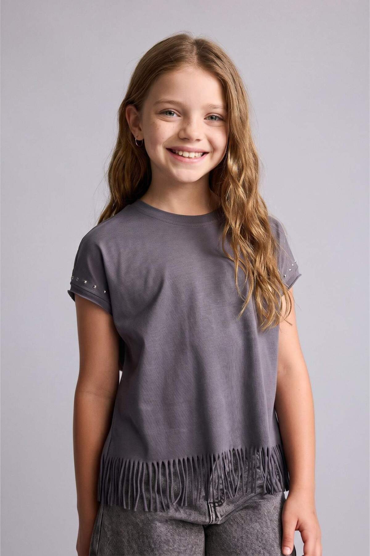 Defacto 100% Cotton Sequined Tassel Combed Cotton Short Sleeve T-Shirt Girl Child H5999A826Hs