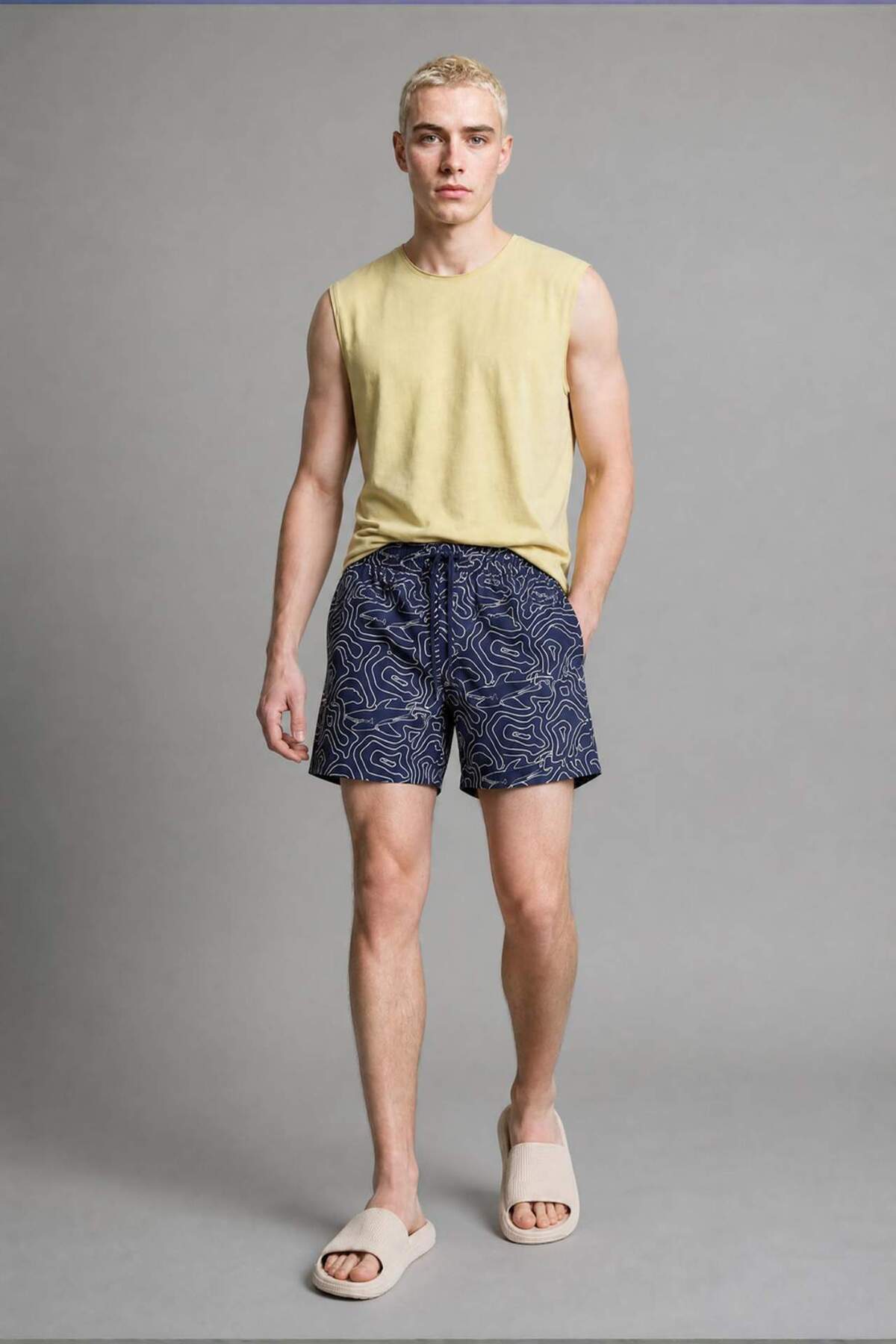 Defacto Elastic Tie Mesh Lined Waist Printed Short Swim Shorts I1892Ax26Hs