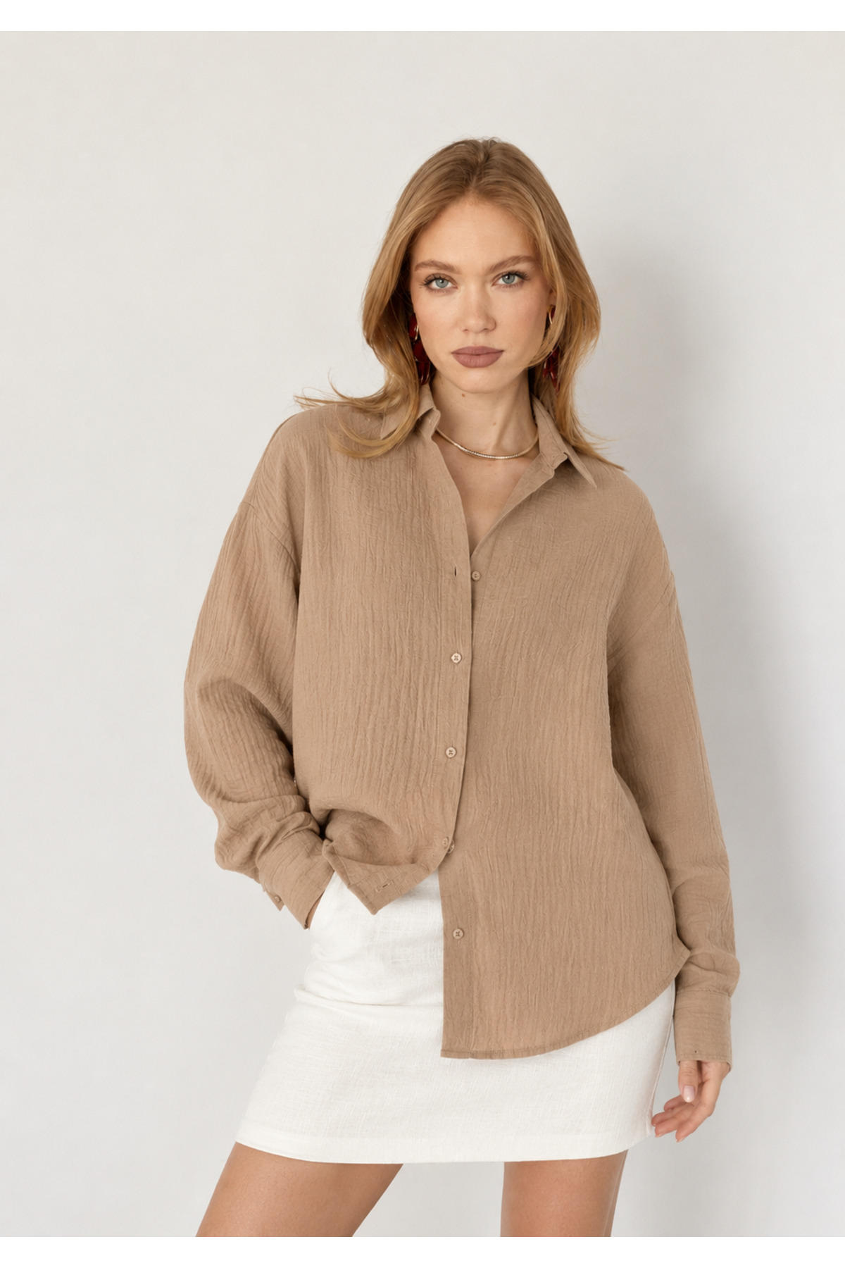 Washed 100% cotton Muslin Reverse Shirt - Mink |MKS165030-01