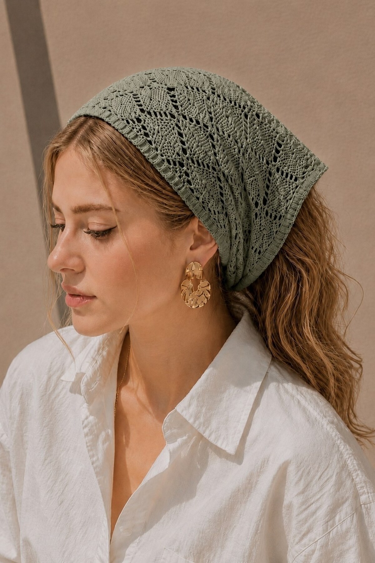 Women's Cotton Soft Textured Perforated Knitwear Bandana 7011 Khaki