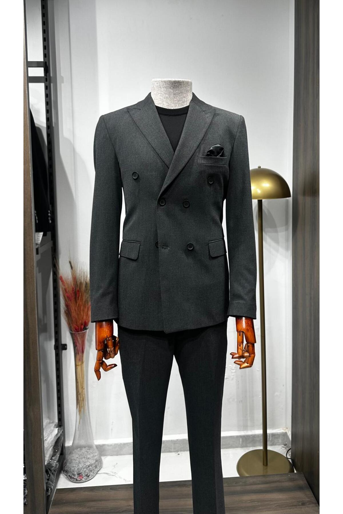 Italyan Stil Kruvaze Takım Elbise Slim Fıt Dar Kesim Ceket Pantolon — خاکستری as21214444
