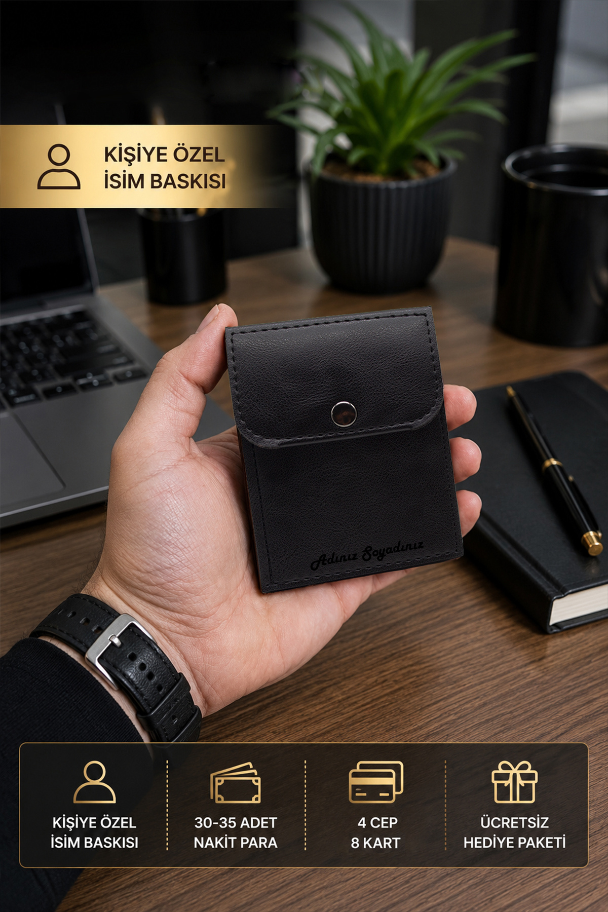 Morika Hotel & Home Textile Kişiselleştirilebilir Gerçek Deri Görünümlü Suni Deri Erkek/Kadın Unisex Cüzdan - Siyah