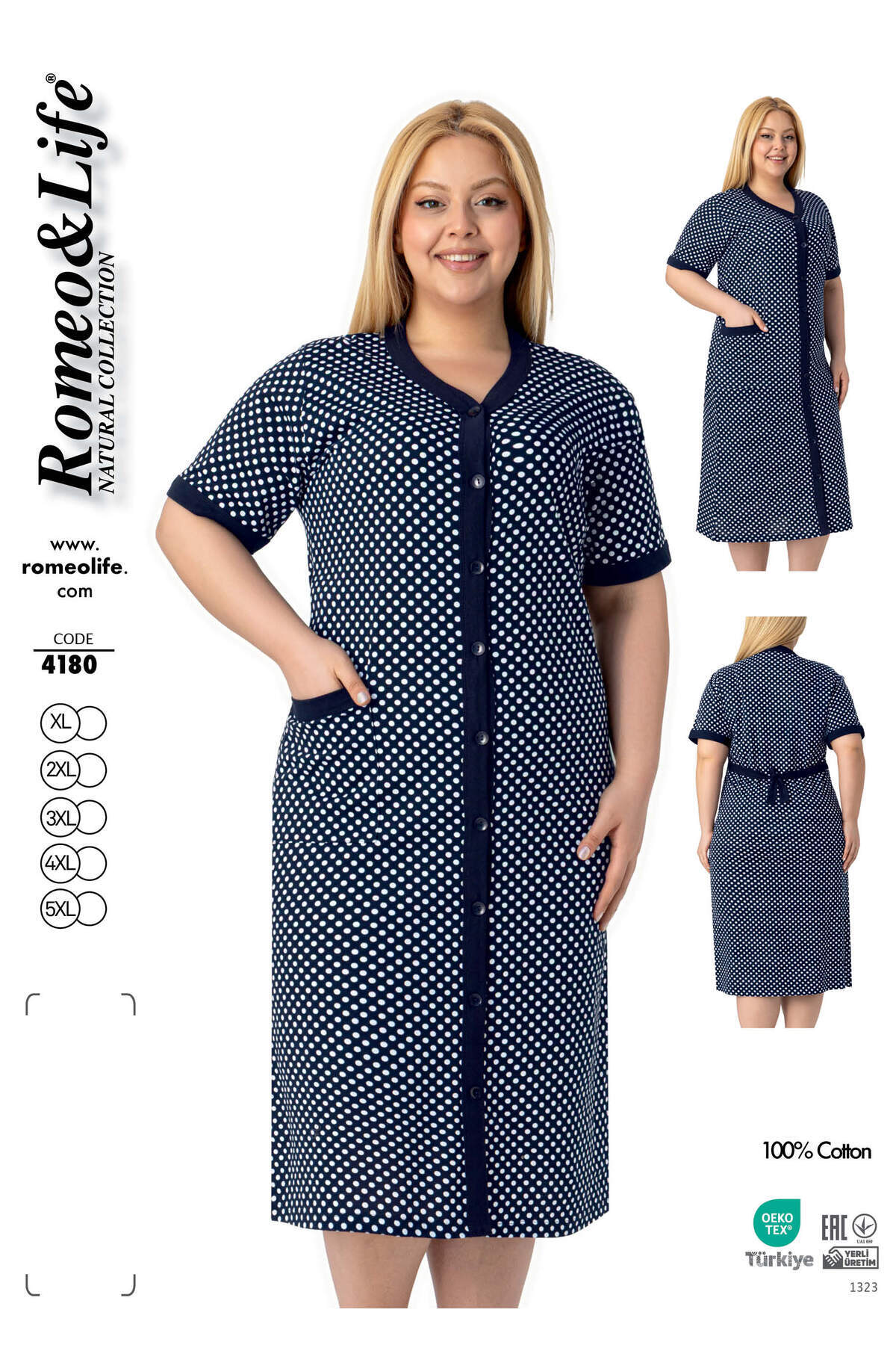 Women's Plus Size 100% Cotton Combed Fabric Buttoned Summer Dress /Navy-White 4180