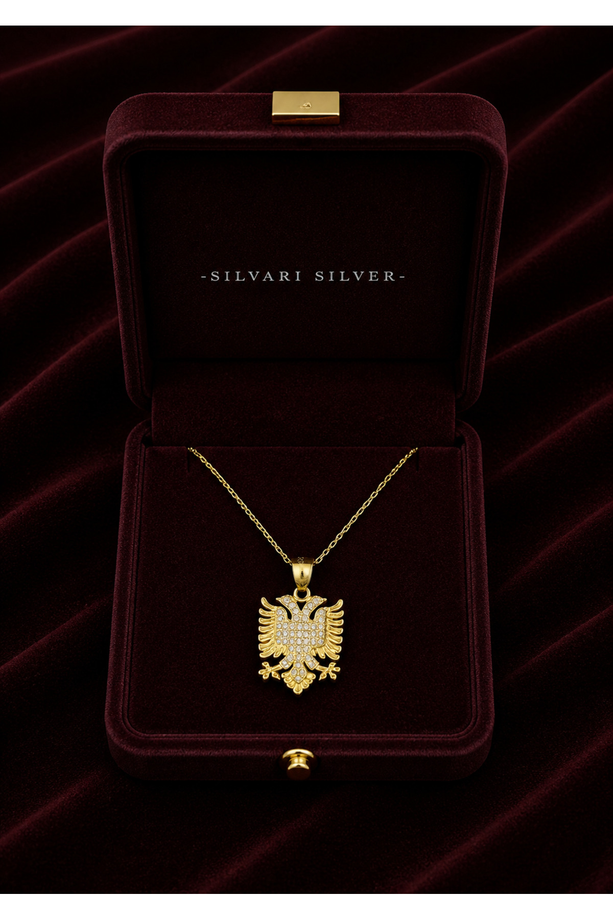 Alaja Silver Taşlı Çift Başlı Kartal, Arnavutluk Sembolü Gold Tasarım 925 Ayar Gümüş Kolye