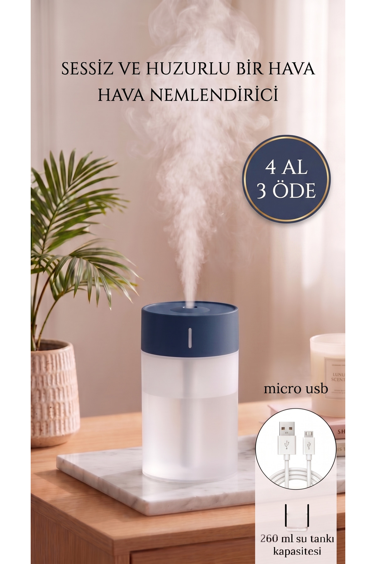 260 ml Ultrasonik Hava Nemlendirici Buhar Makinesi 4-6 Saat Mini Taşınabilir USB