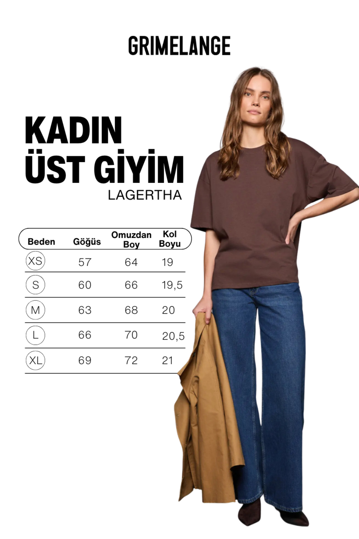 GRIMELANGE LAGERTHA Kadın %100 organik Pamuklu Kalın Dokulu Oversize Fit Yuvarlak Yakalı Koyu Kahverengi T-Shir görsel 6