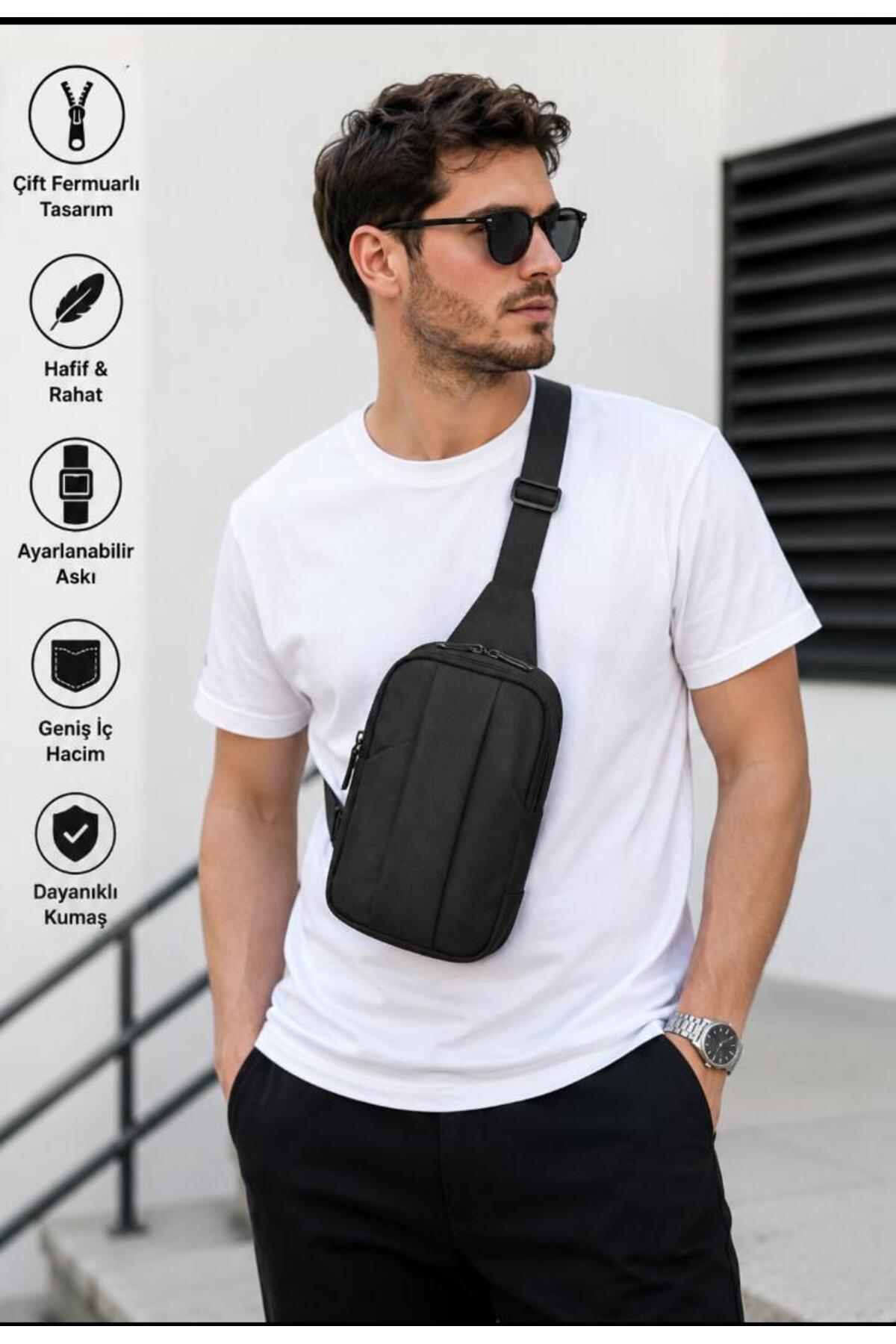 Sofia Erkek Siyah Crossbody bag Askılı El ve Bel Çantası