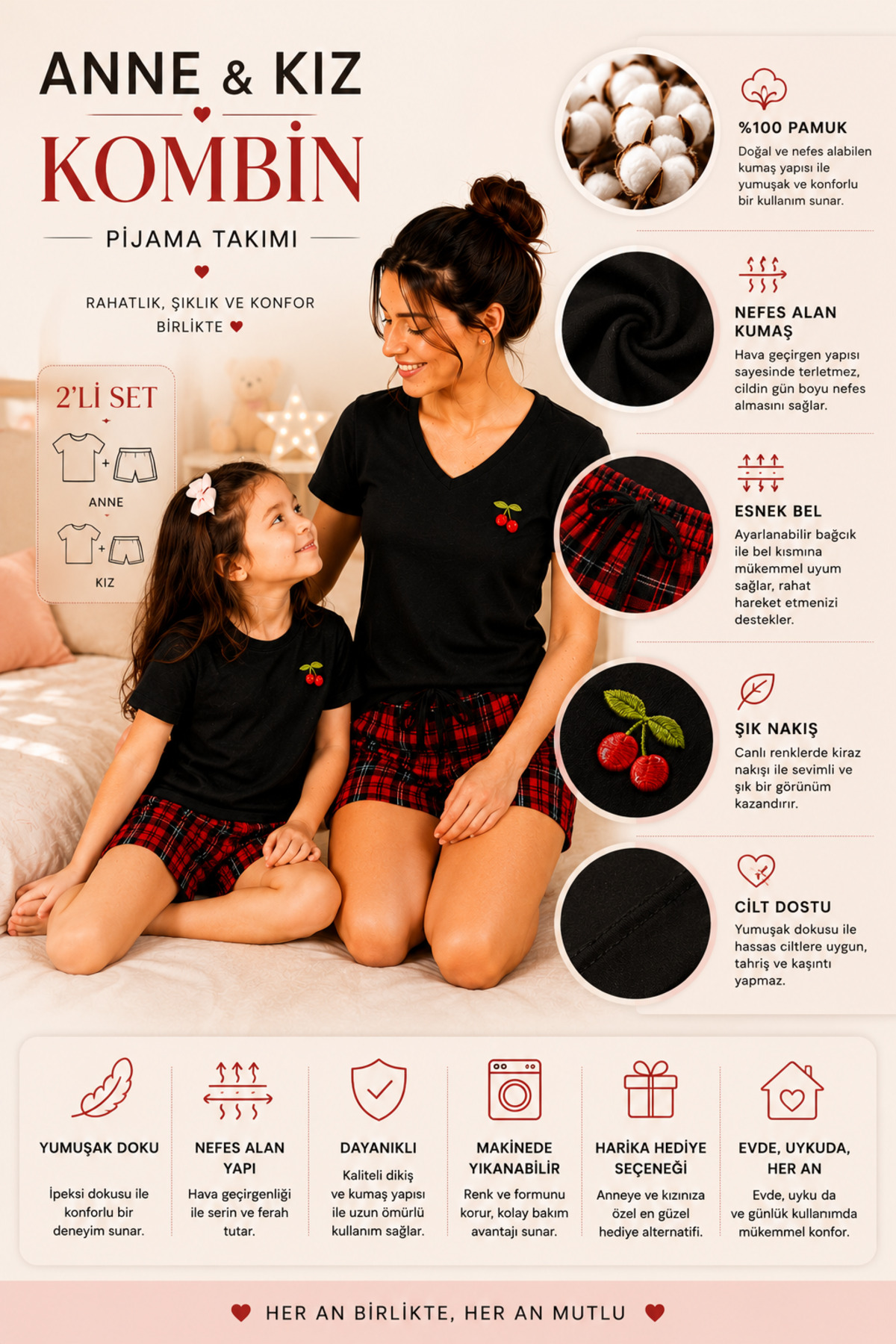 Anne Kız Kombinli Takımlanabilir Pijama Takımı Ekoseli Kiraz Detaylı ( Bir Takım Fiyatıdır) 6