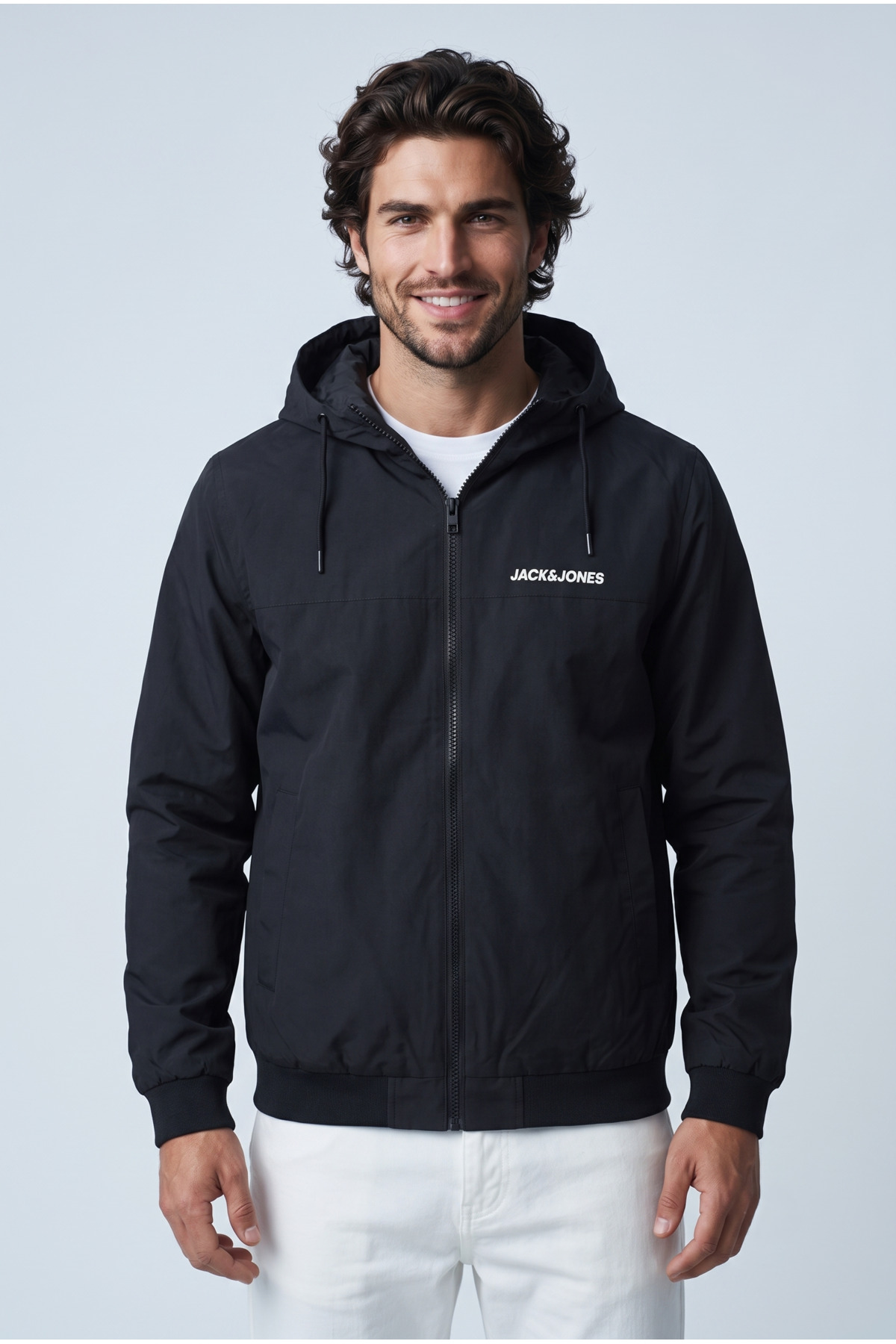 کاپشن مردانه مشکی طرح بمبر مدل Jjerush Hooded Bomber کد 12200208 جک اند جونز کاپشن Jack & Jones