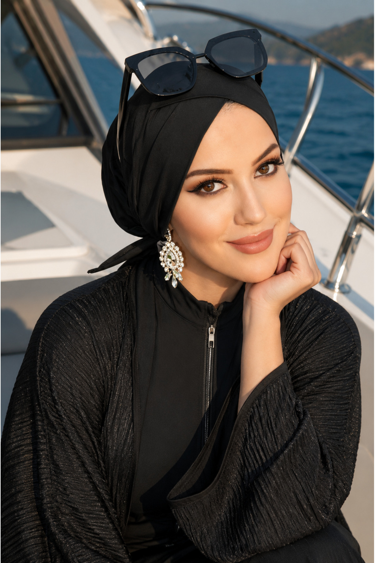 Aişe tesettür Siyah Çapraz Deniz - Havuz Bonesi