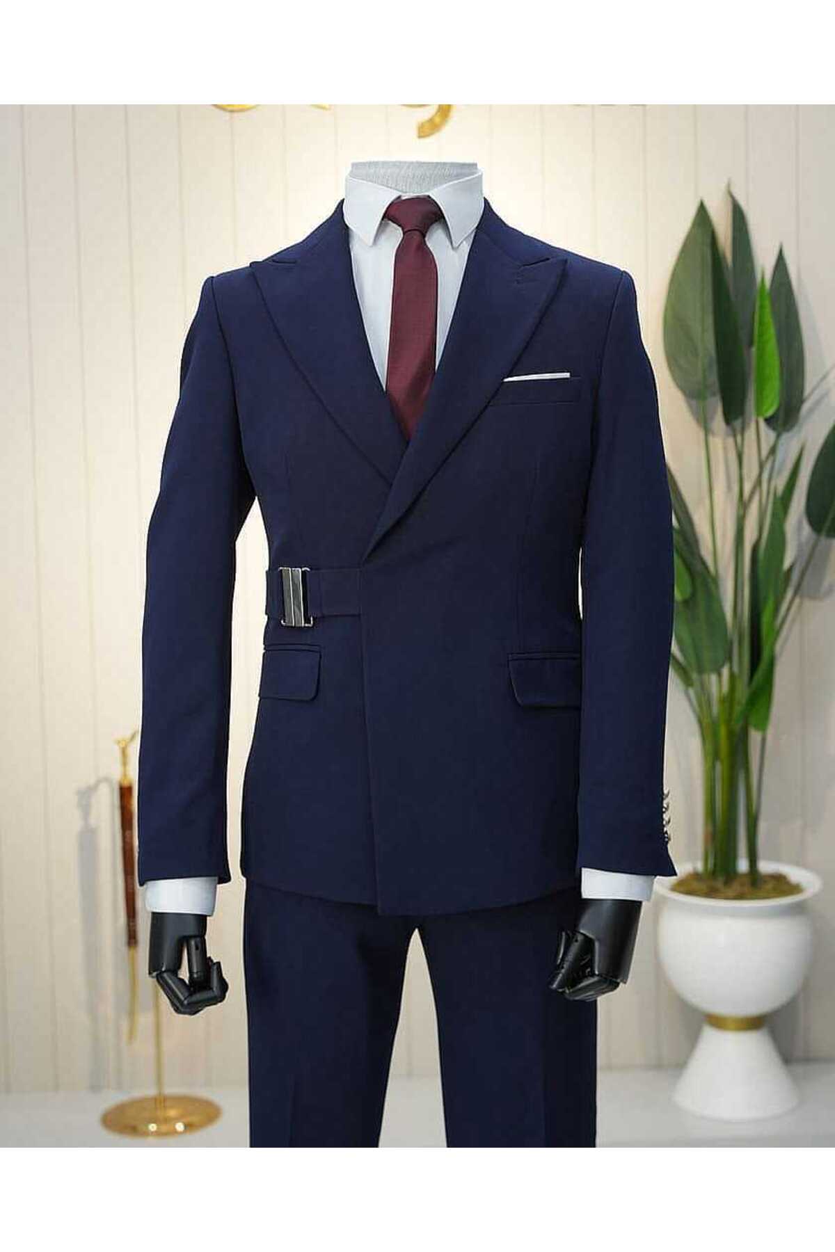 کت و شلوار اسلیمفیت نیروی دریایی مردانه با کمربند سگک دار — رنگارنگ ST01266-Navy — تصویر 2 از 5