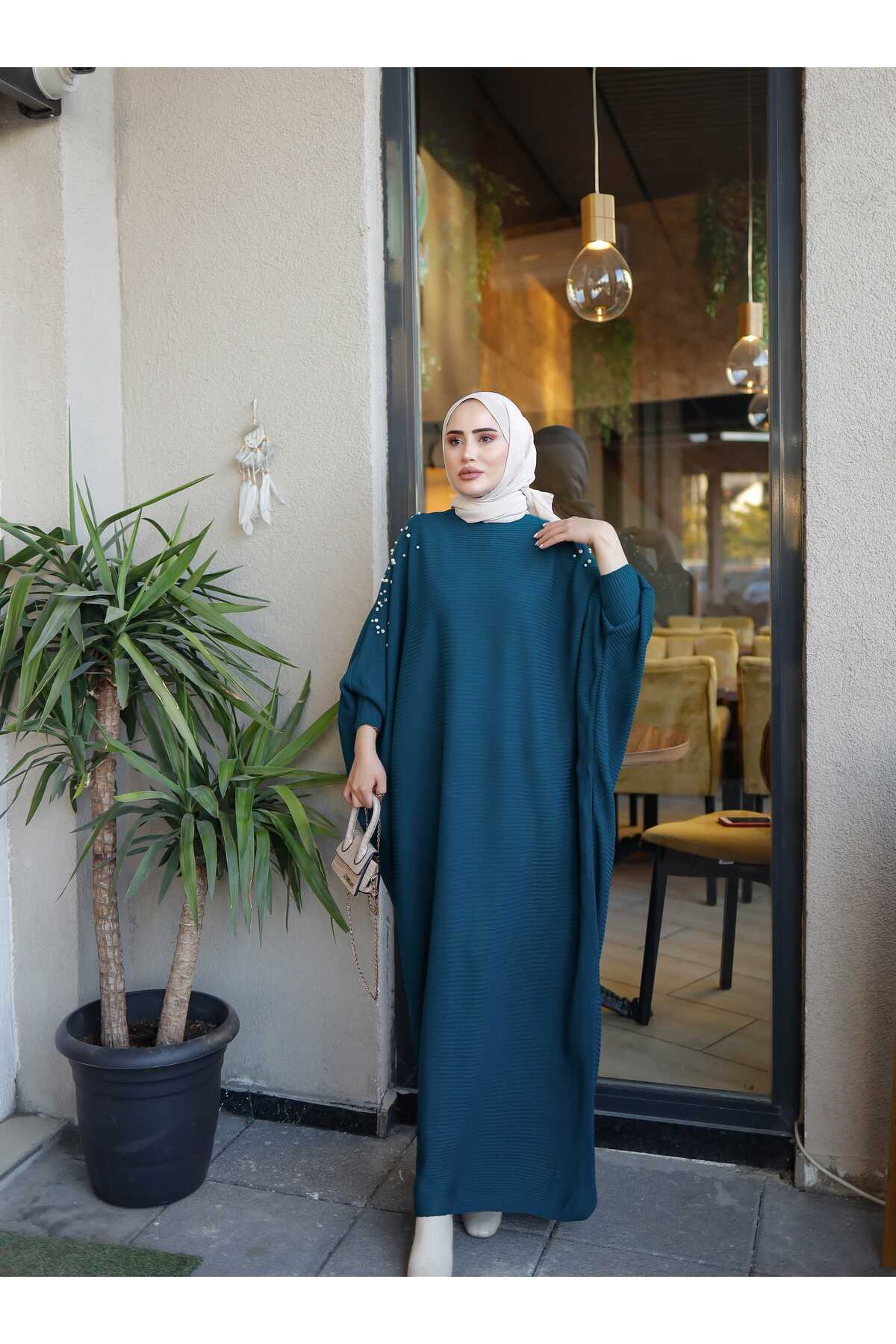 SAHRA BUTİK Petrol Colored Shoulder Pearl Detailed Bat Knitwear Seture Dress - Sahra Boutique