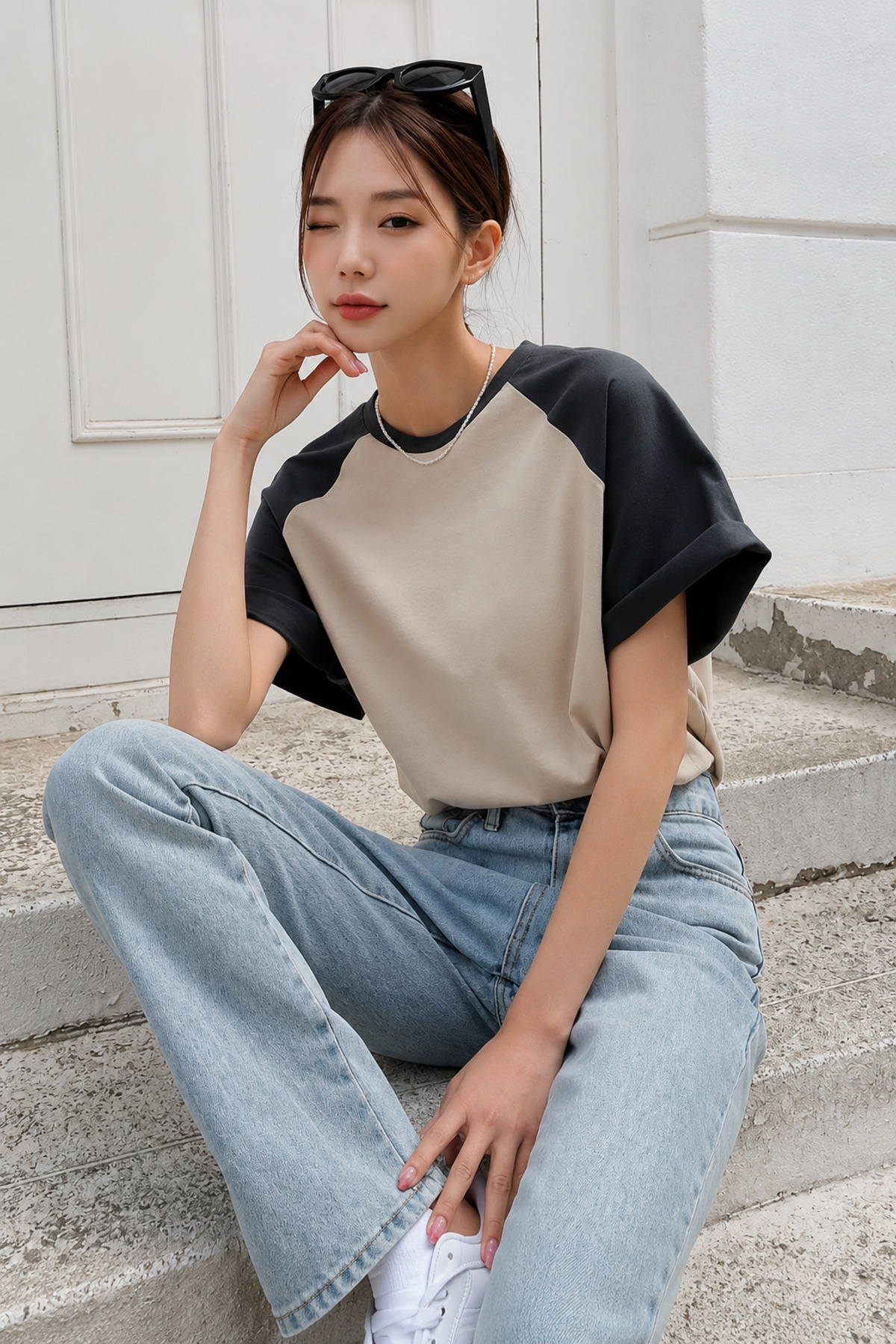 DUBU BUTİK Bej Gövde Füme Reglan Kol T-Shirt - Oversize Bisiklet Yaka Kısa Kol Tişört görsel 3